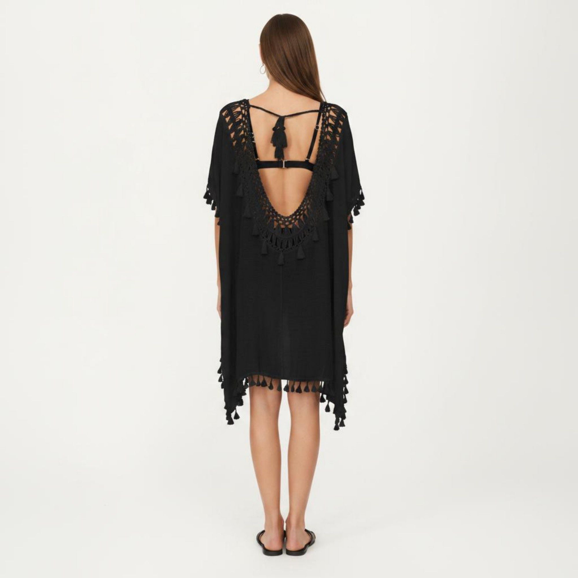 Anna-Kaci Women's Sheer Crochet V Neck Swim Cover Up Poncho with Tassel Trim and Flowy Silhouette