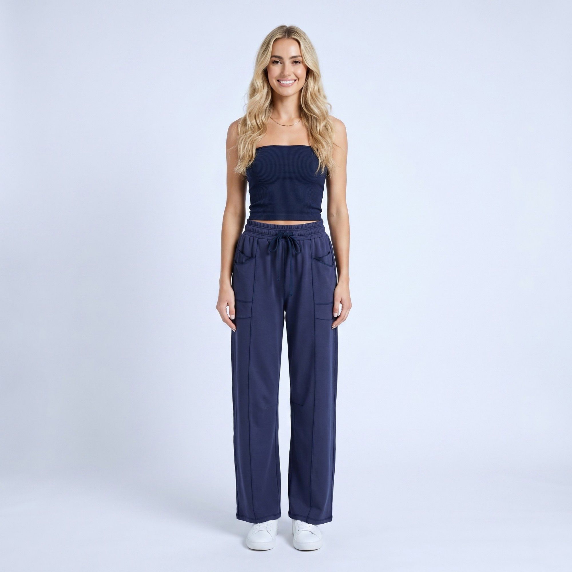 Anna-Kaci Women's High Rise Drawstring Wide Leg Utility Pants with Patch Pockets