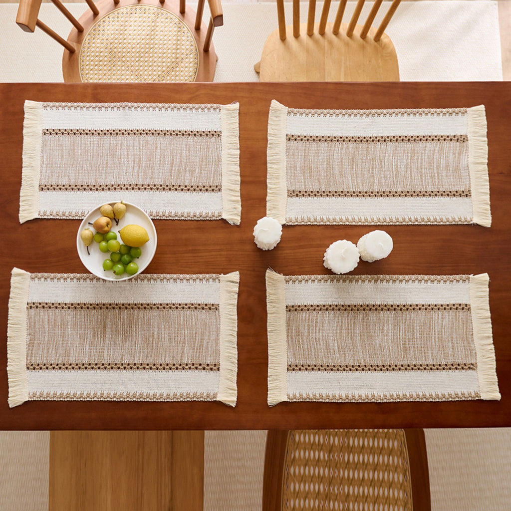 4 Set Woven Rectangular Placemats with Textured Stripes and Fringe Edges 11.8x19.5 in