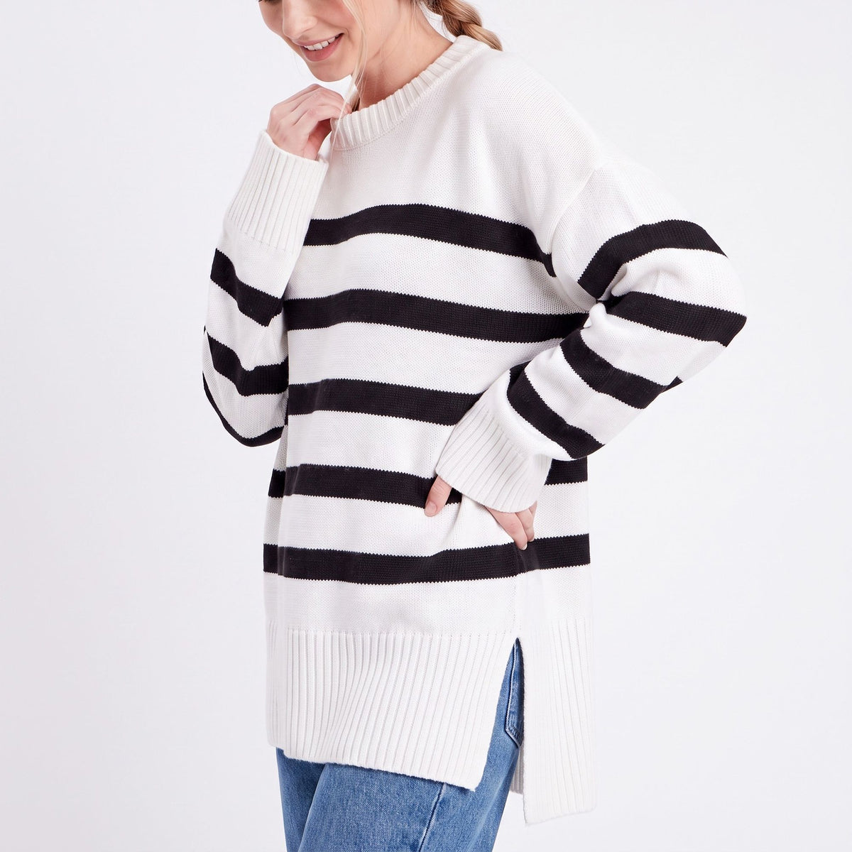 Oversized Striped Crewneck Side Slit Tunic Sweater