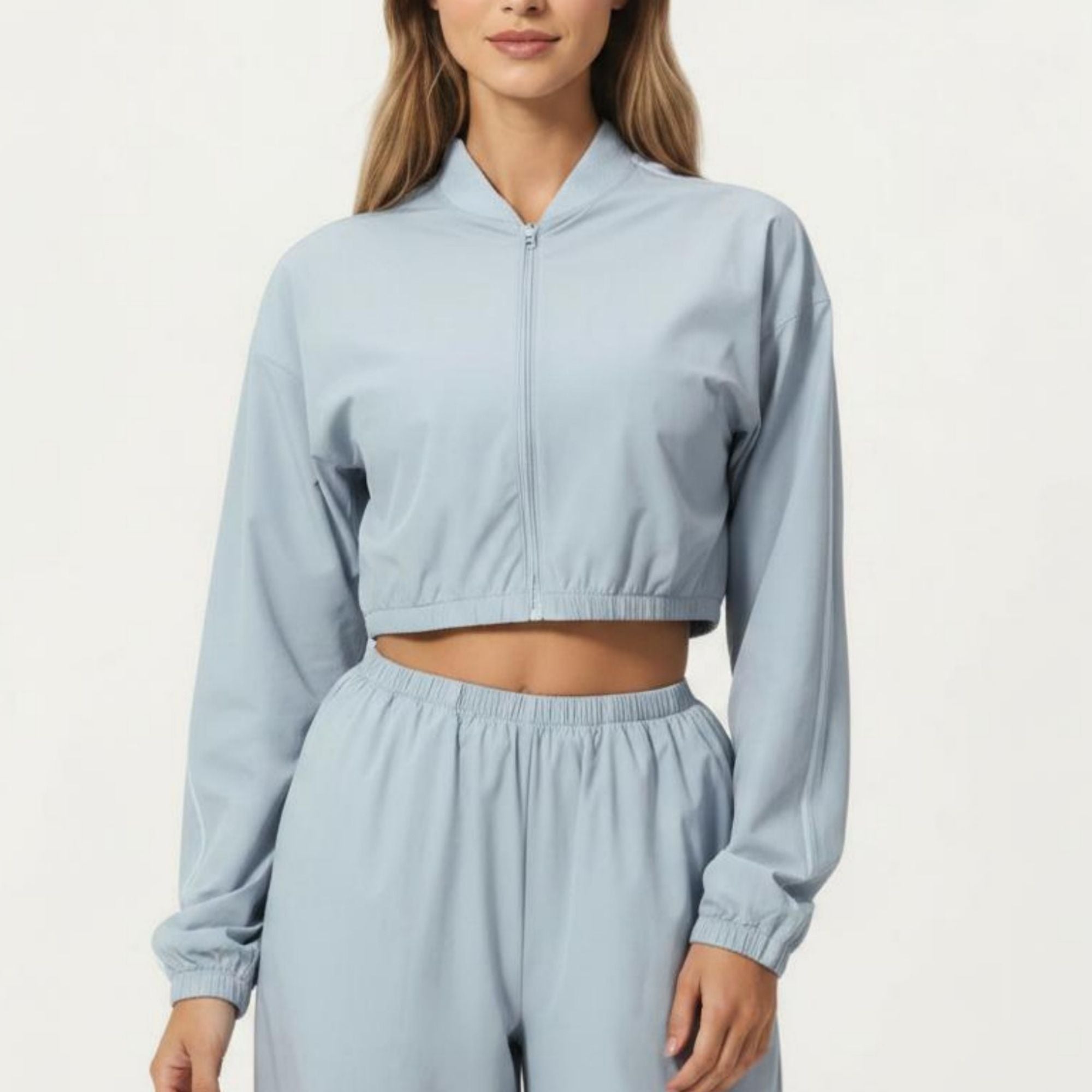 Anna-Kaci Active Women's Cropped Zip Front Jacket with Elastic Hem and Long Sleeves