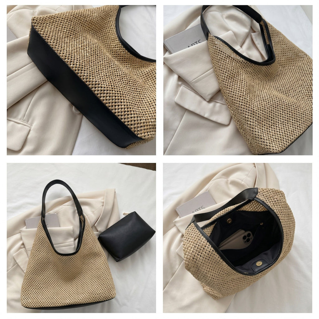 Woven Straw Hobo Shoulder Bag with Smooth Strap Lightweight Crochet Knit Slouchy Tote Bag