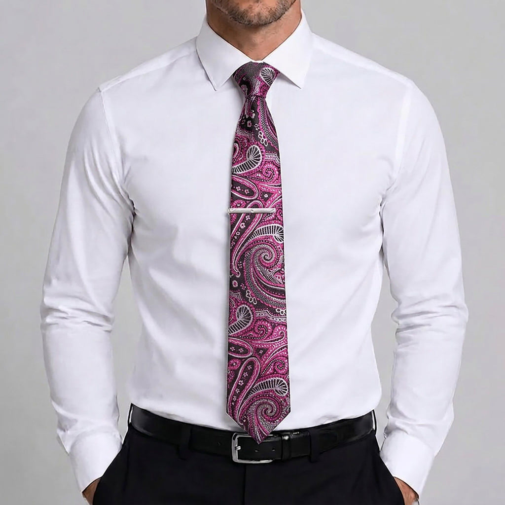 Men's Rose Floral Tie Gift Set with Matching Pocket Square Cufflinks and Silver Tie Clip