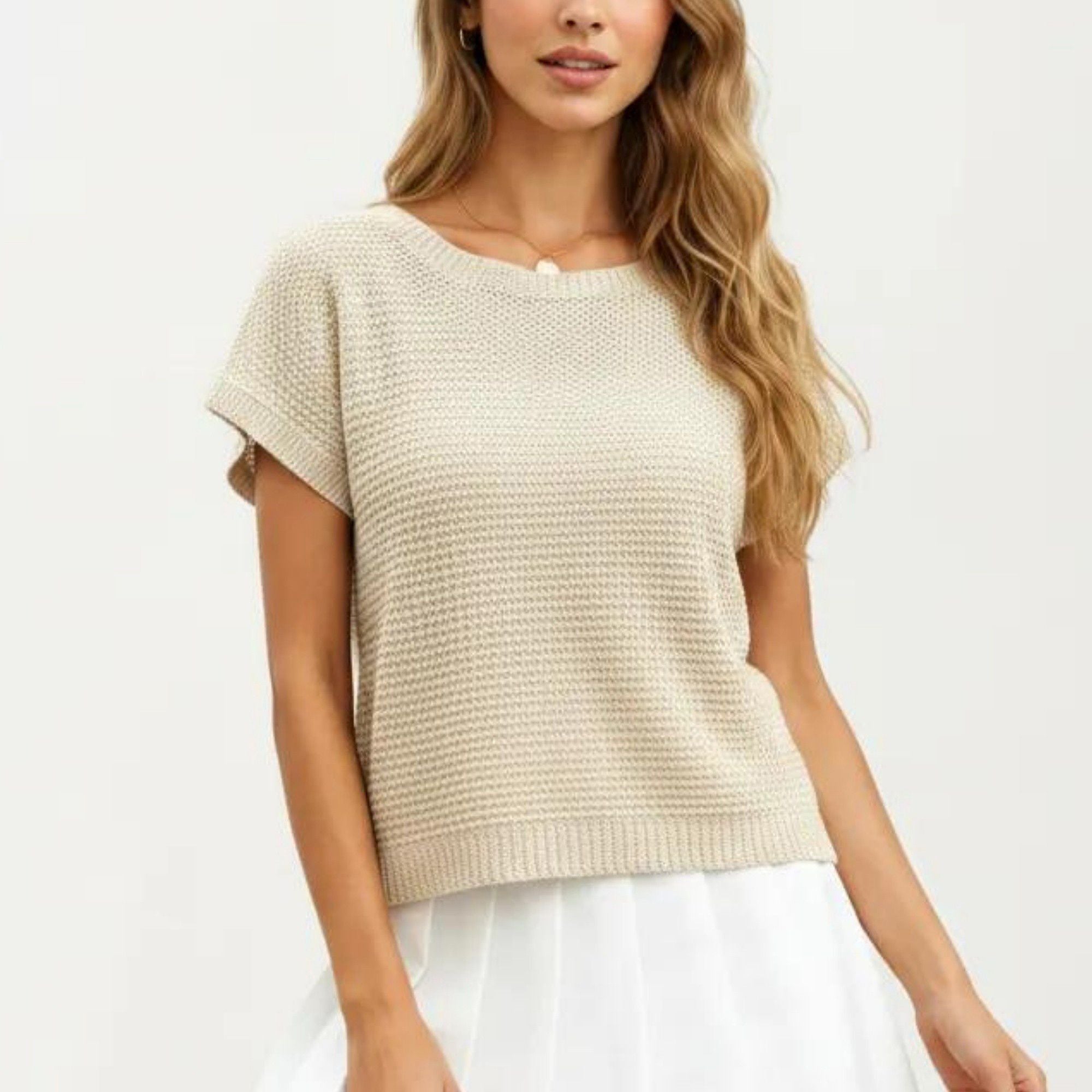 Anna-Kaci Women's Short Sleeve Textured Knit Top with Crew Neck Ribbed Trim and Relaxed Fit