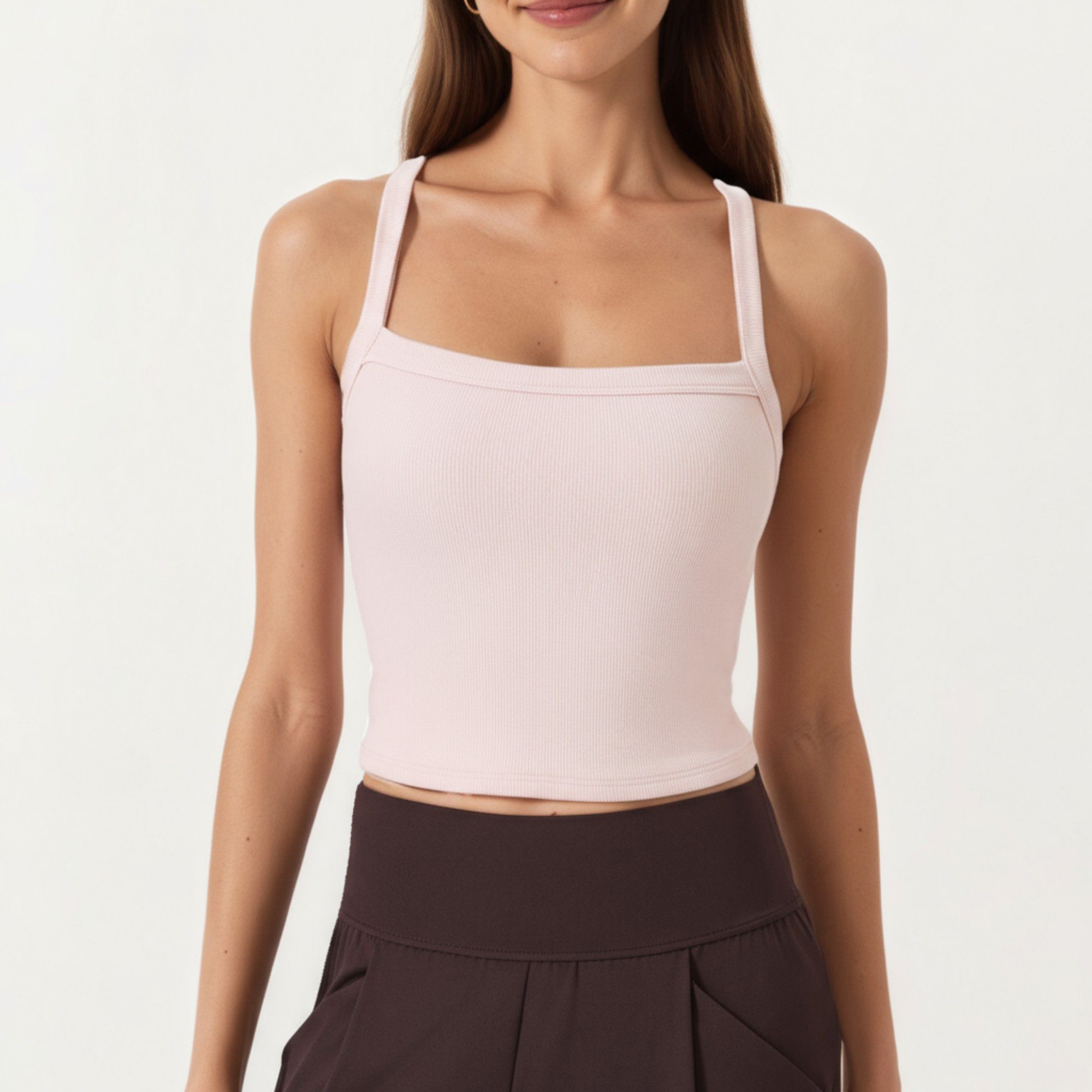 Anna-Kaci Active Women's Square Neck Ribbed Knit Cropped Tank Top with Wide Shoulder Straps