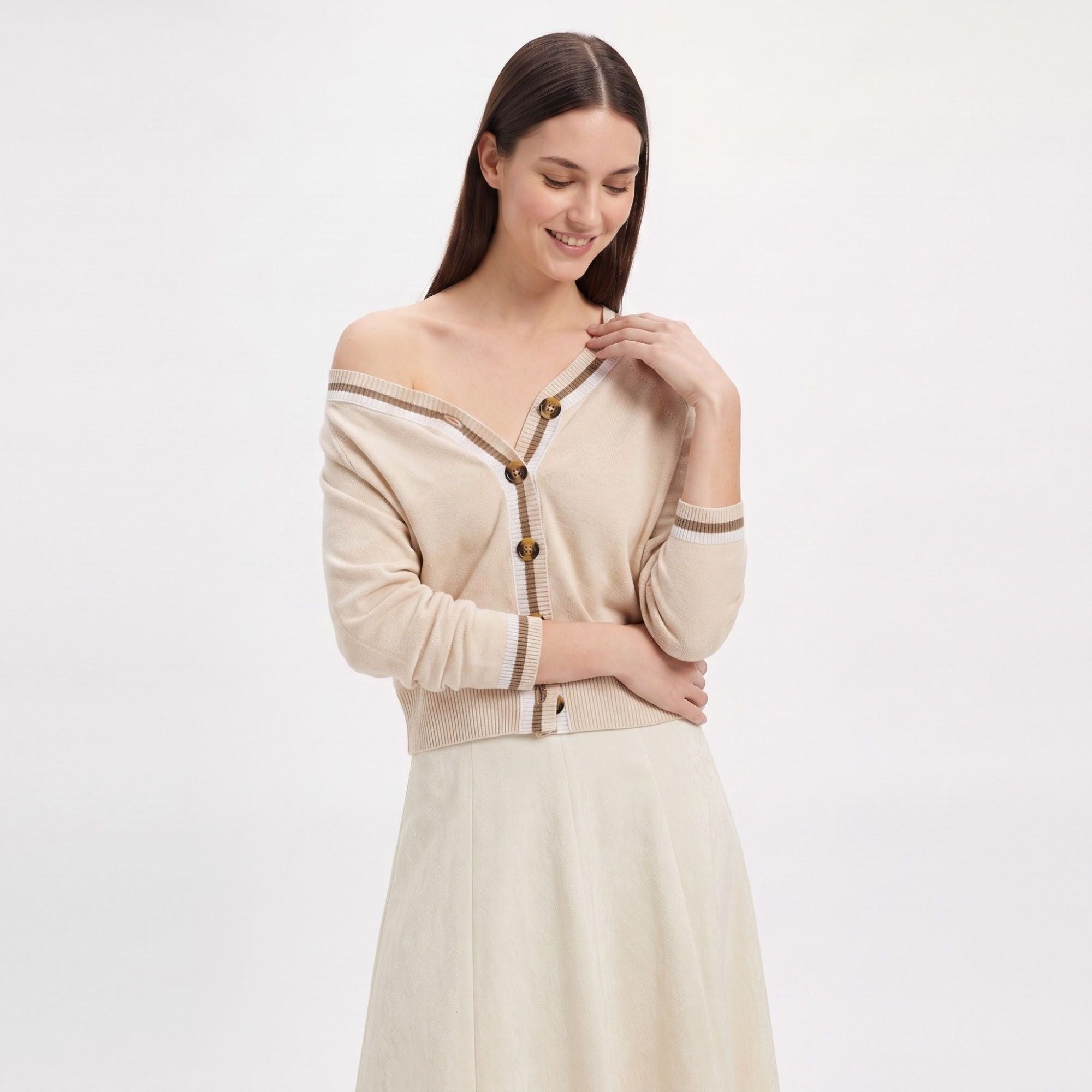 Contrast Stripe V-Neck Button-Front Knit Cardigan