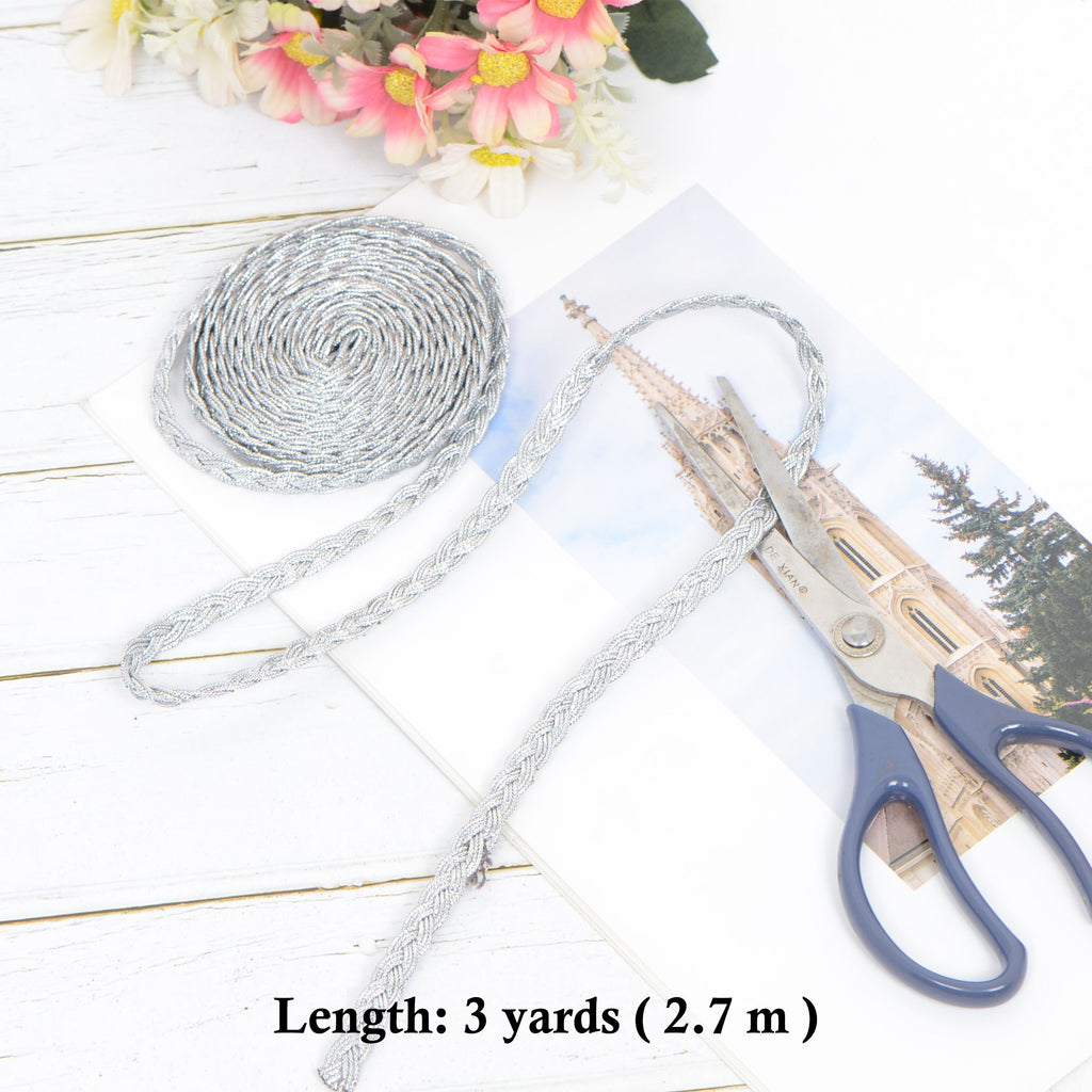 Gimp Braid Trim, 3 Yards 0.3 inch Metallic Woven Trim, Sewing DIY Craft Braid Ribbon for Hat Headband Costume Garment Decor Accessory