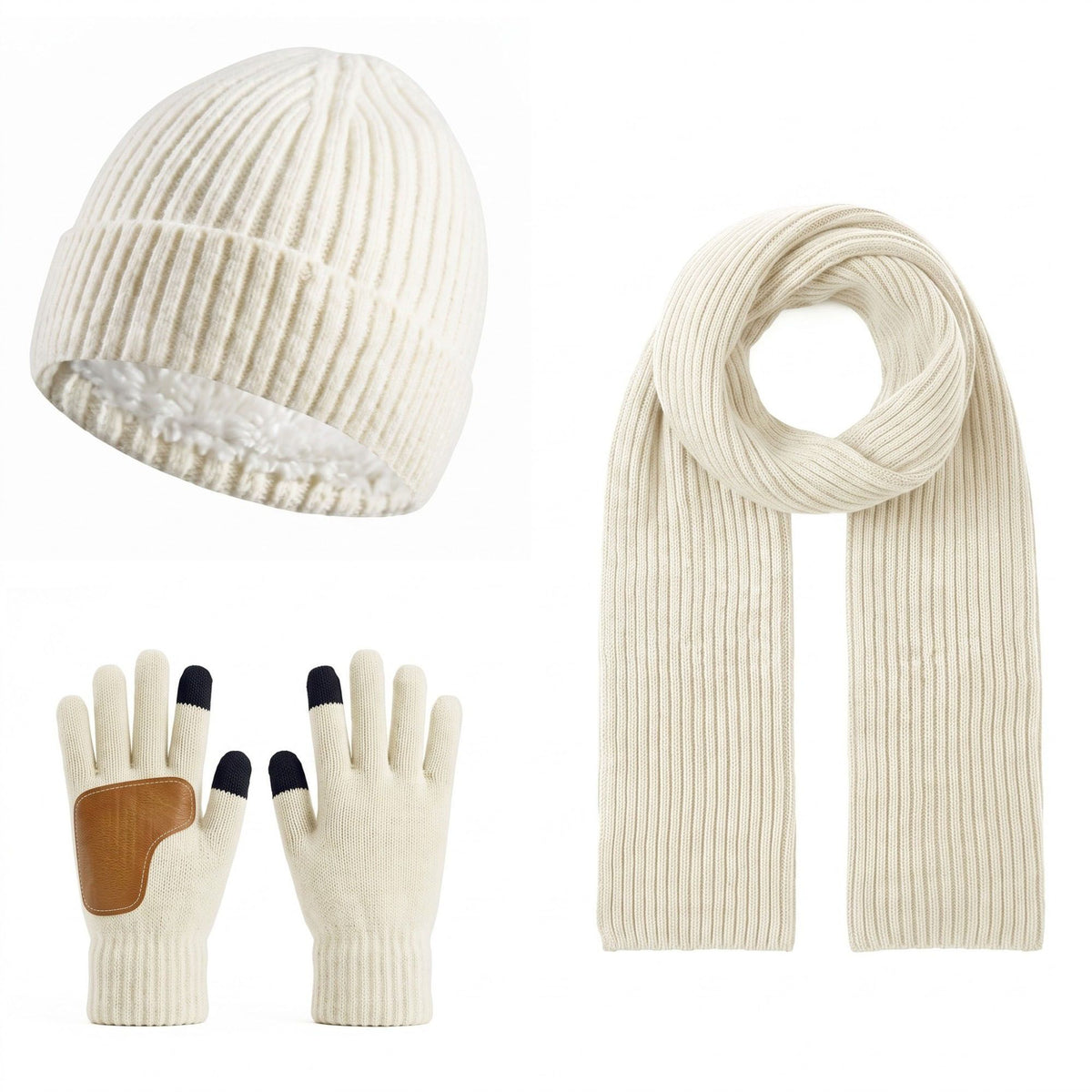 3 Piece Ribbed Knit Beanie Scarf and Touchscreen Gloves Set