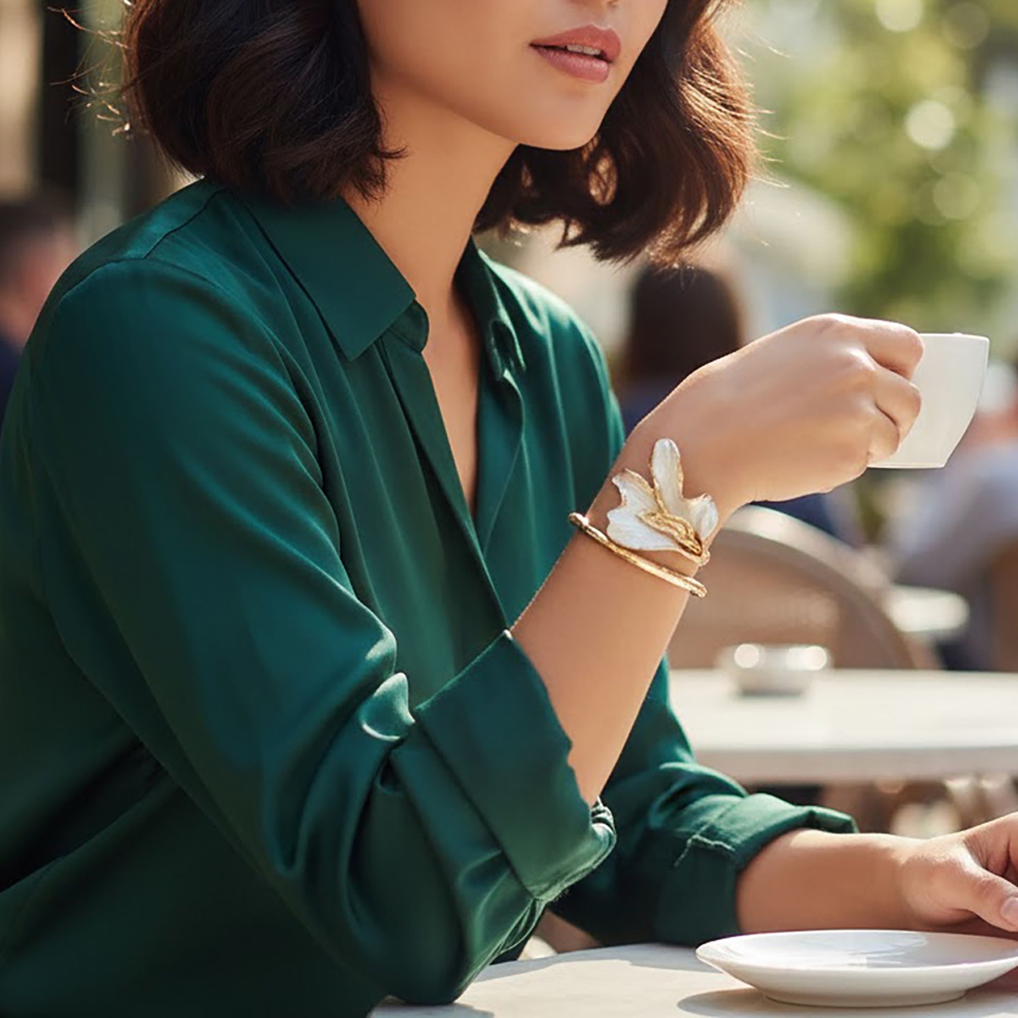 Women's Sculptural Flower Cuff Bracelet with Organic Petal Design and Gold Tone Open Band