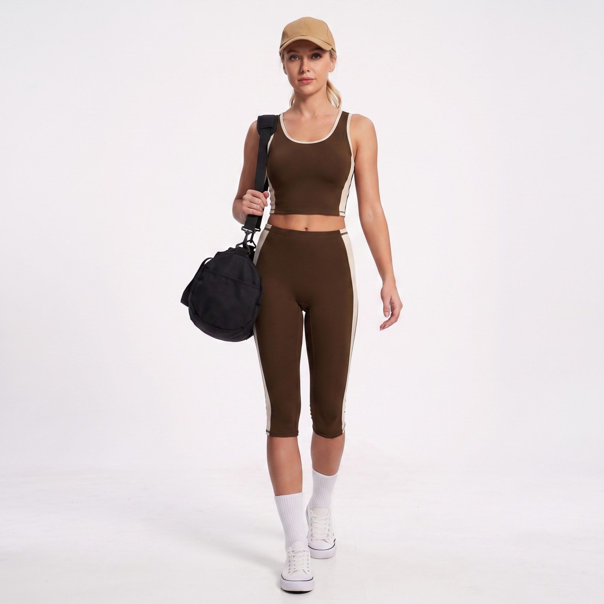 Colorblock High Waist Capri Leggings Fitted Cropped Yoga Pants for Running Gym Training