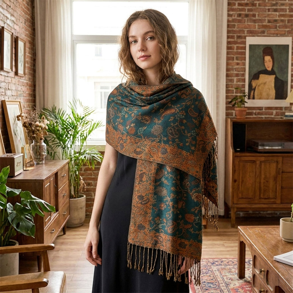 Paisley Scarf with Fringe Trim Soft Wrap Shawl 75*27.5 Inches