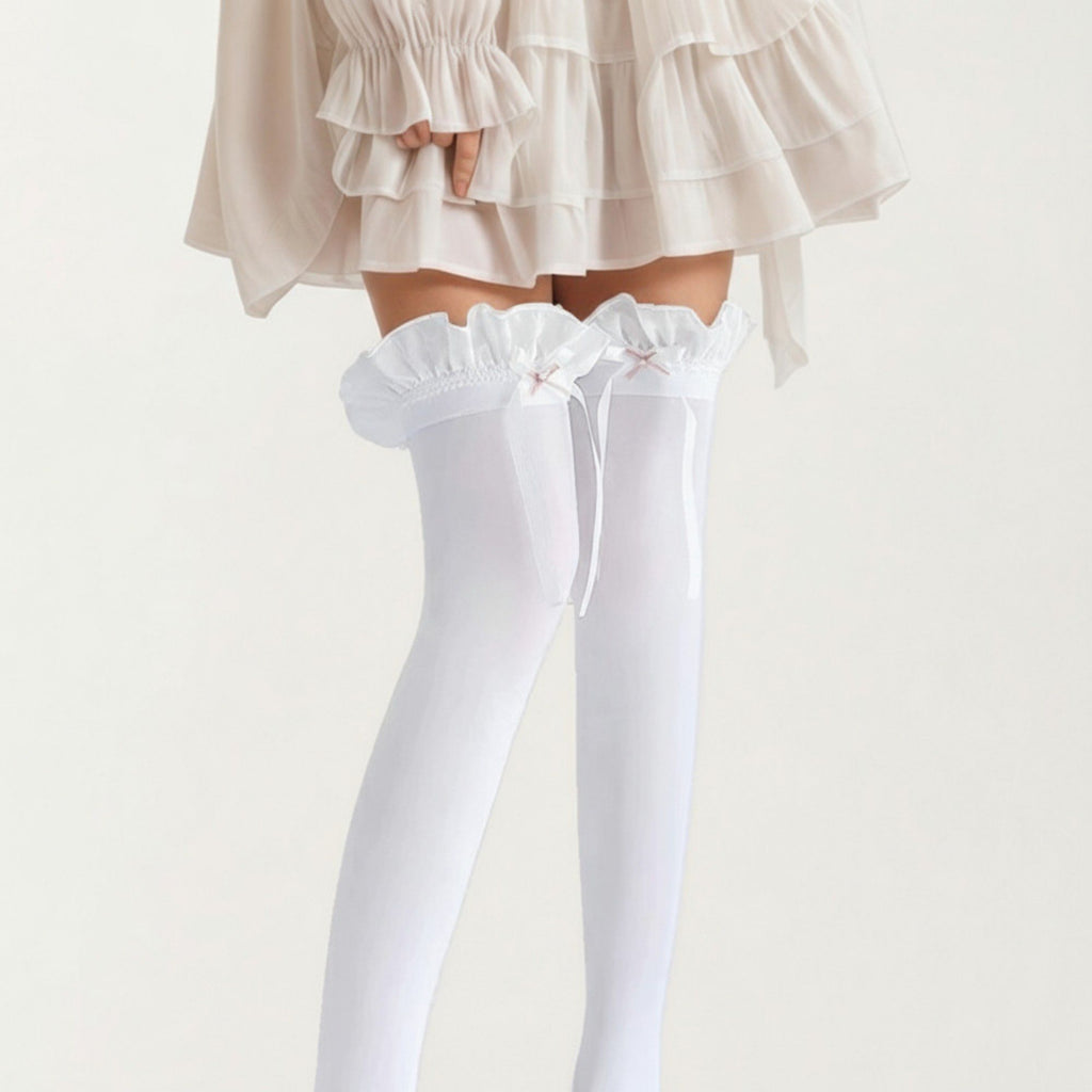 Anna-Kaci Women's Over-the-Knee Tights with Ruffled Trim and Satin Ribbon Bow Detail
