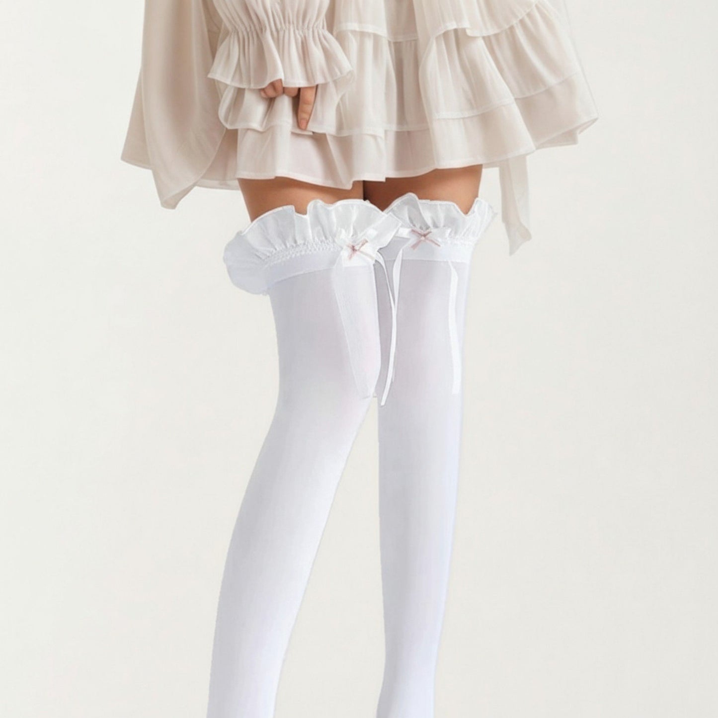 Anna-Kaci 2pcs Women's Over-the-Knee Tights with Ruffled Trim and Satin Ribbon Bow Detail