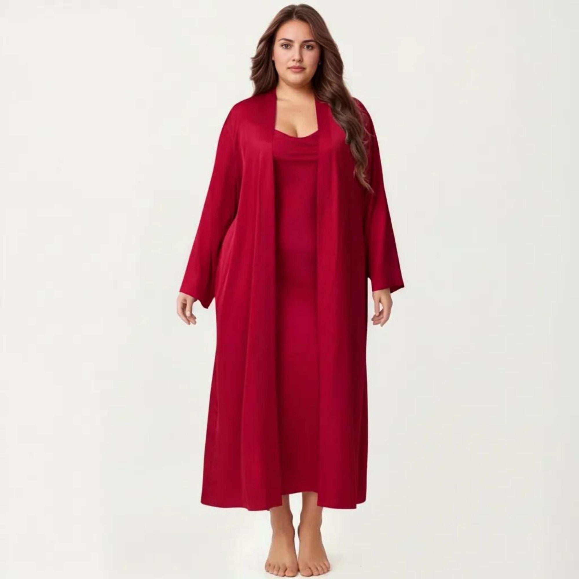 Anna-Kaci Lounge Women's Plus Size 2-Piece Satin Nightgown Set with Long Sleeve Open Front Robe Sleeveless Slip Dress Sleepwear