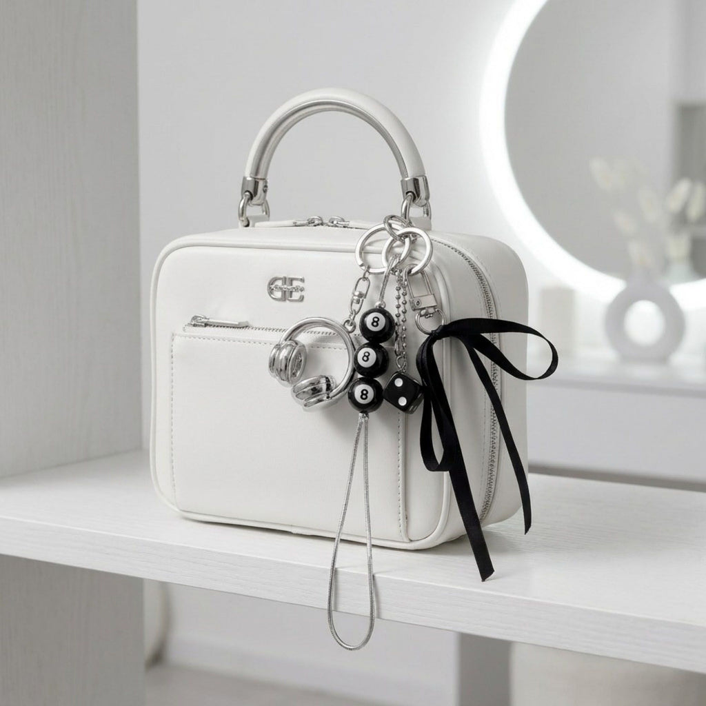 8 Ball Dice Charm Keychain with Headphone Pendant Ribbon Tassel Bag Charm Key Ring Accessory