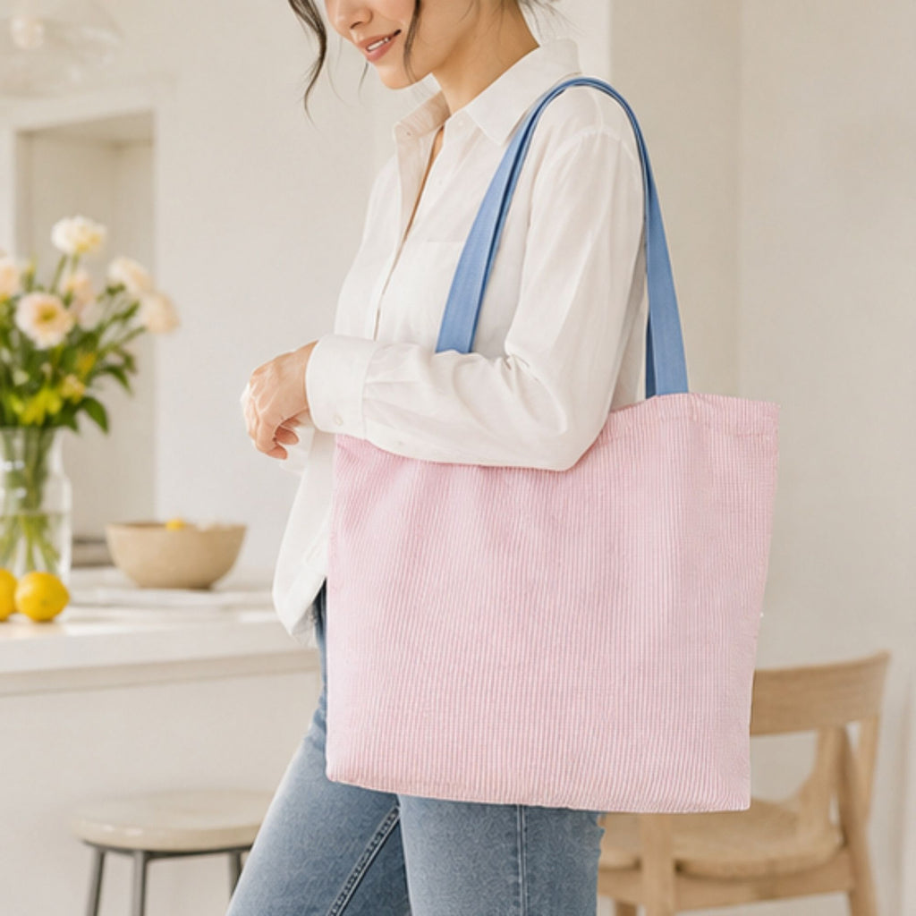 Striped Canvas Tote Bag Colorblock Large Capacity Shoulder Bag