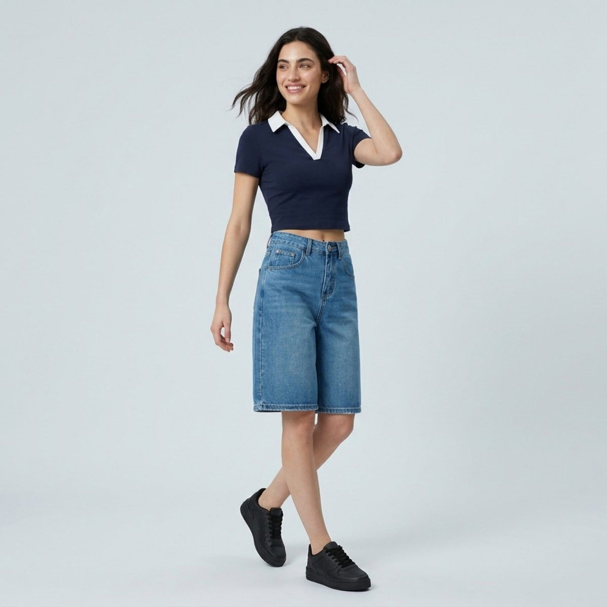 High-Waisted Denim Bermuda Shorts Cute