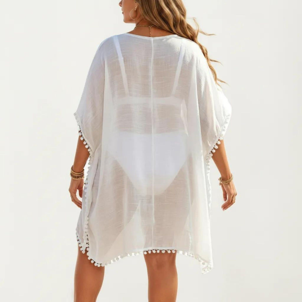 Anna-Kaci Women's Swim Cover Up Dress with Crochet Cutout Neckline Pom Trim Hem Loose Short Sleeves Relaxed Fit