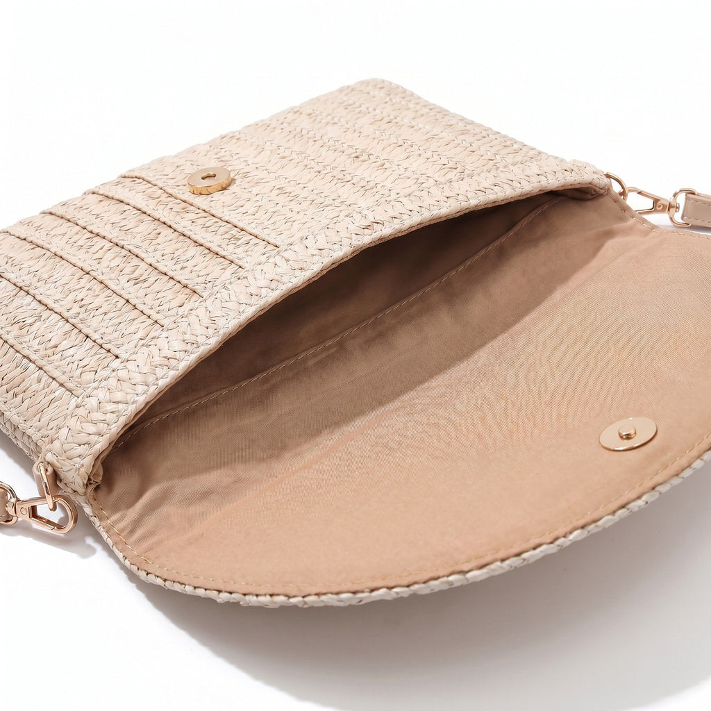 Woven Straw Crossbody Clutch Bag with Flap Closure Adjustable Strap Lightweight Shoulder Handbag