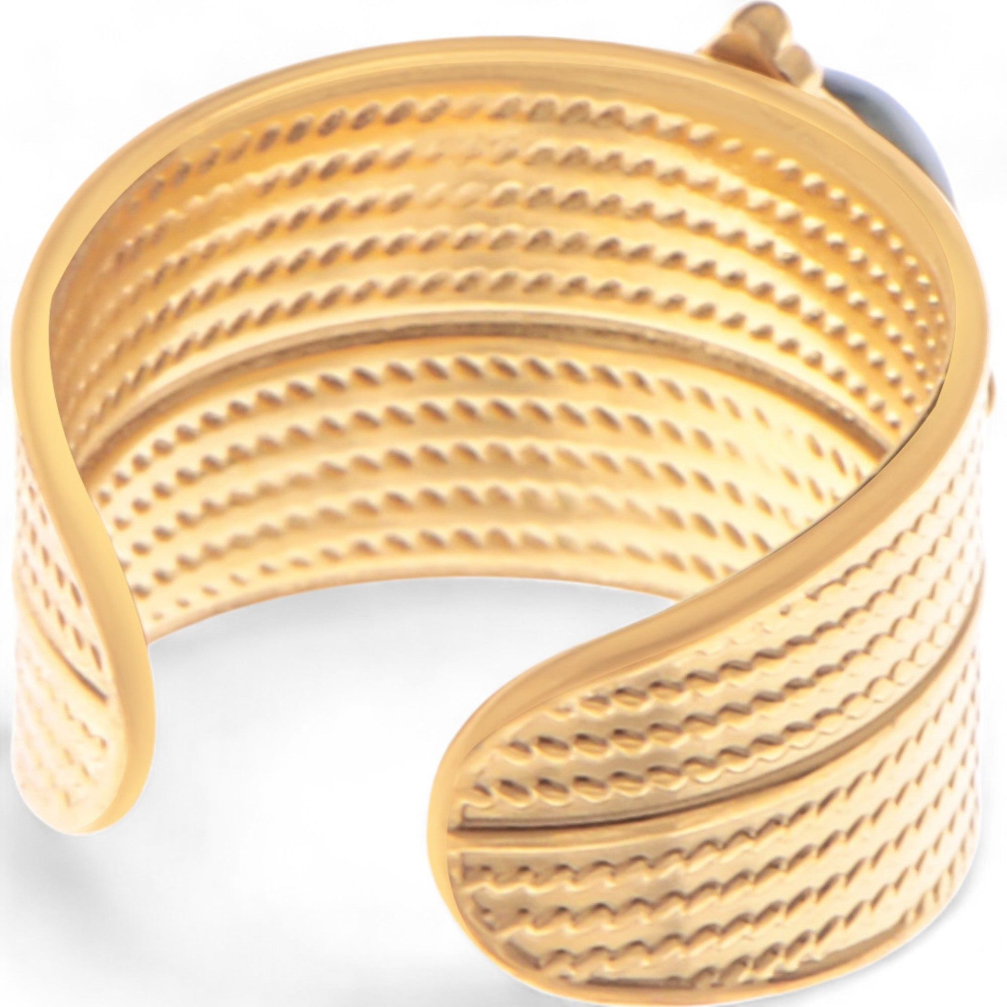Women's Wide Statement Ring Gold Tone with Round Stone Marble-Like Stone and Textured Details
