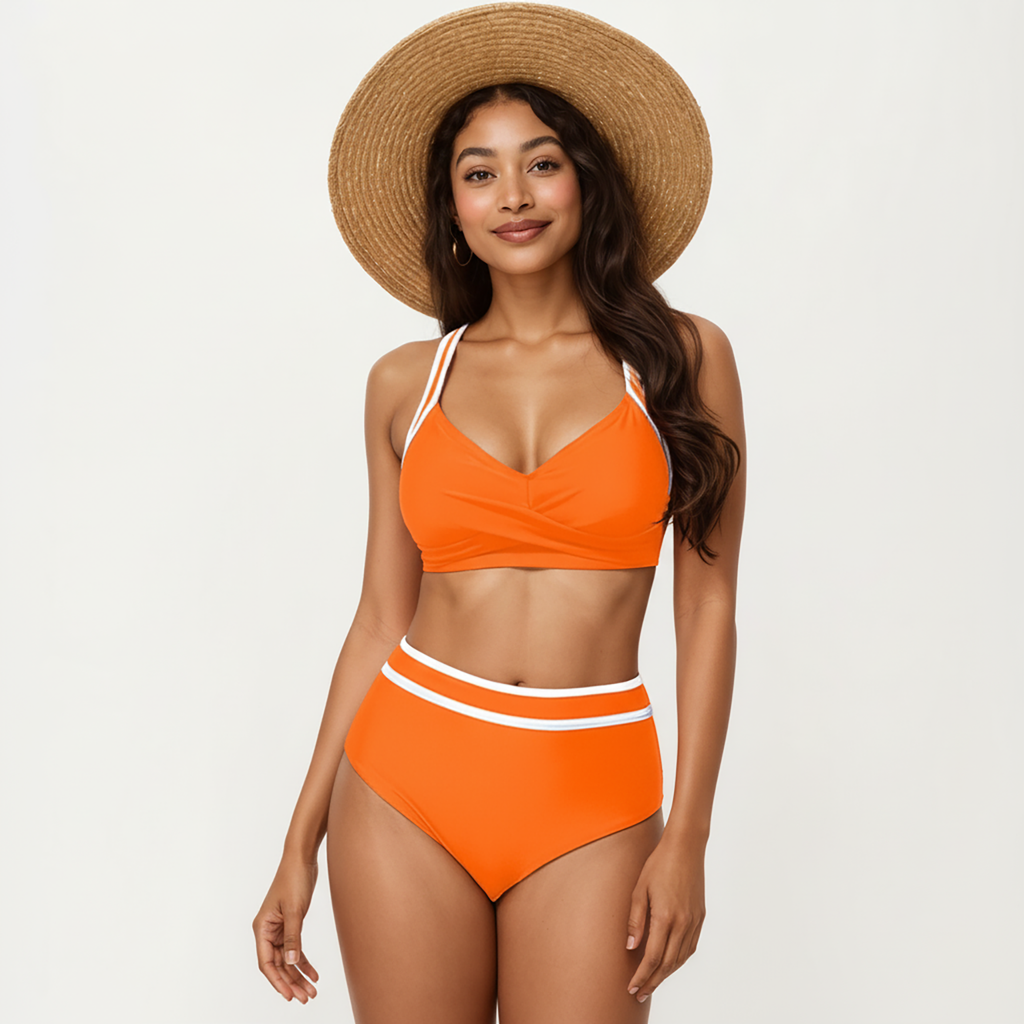 Anna-Kaci Women's 2-Piece Set Contrast Trim Bikini Top with High Waisted Bottom Swim Set