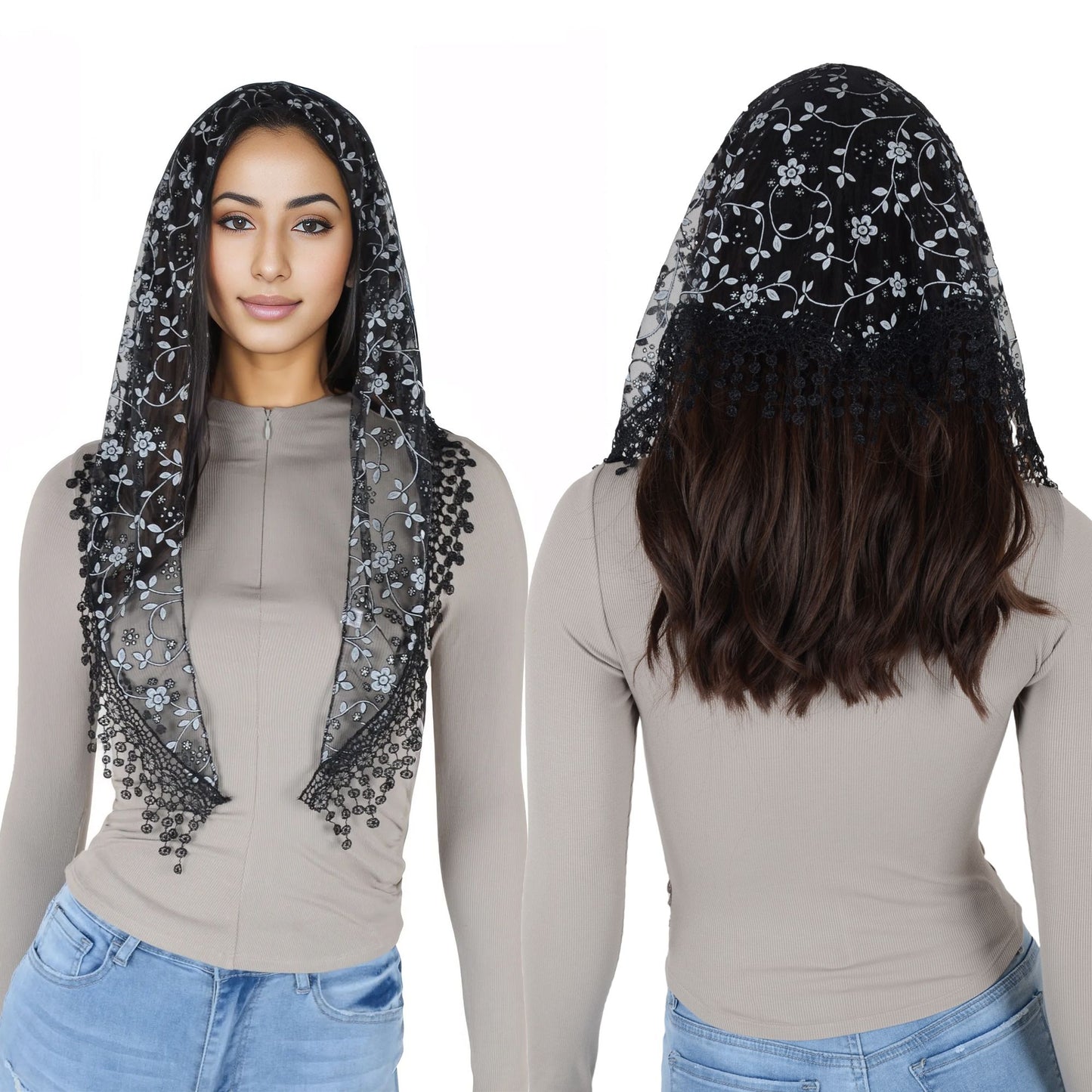 Anna-Kaci Lightweight Lace Floral Head Scarf Fringe Triangular Shawl Scarf Wrap Bandana for Women