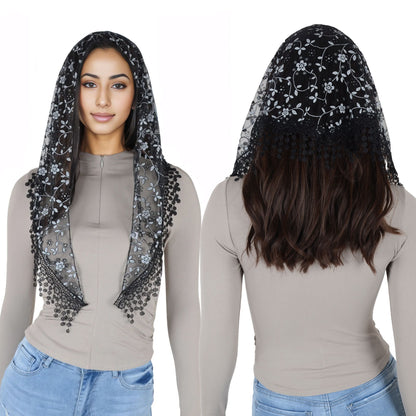Anna-Kaci Lightweight Lace Floral Head Scarf Fringe Triangular Shawl Scarf Wrap Bandana for Women