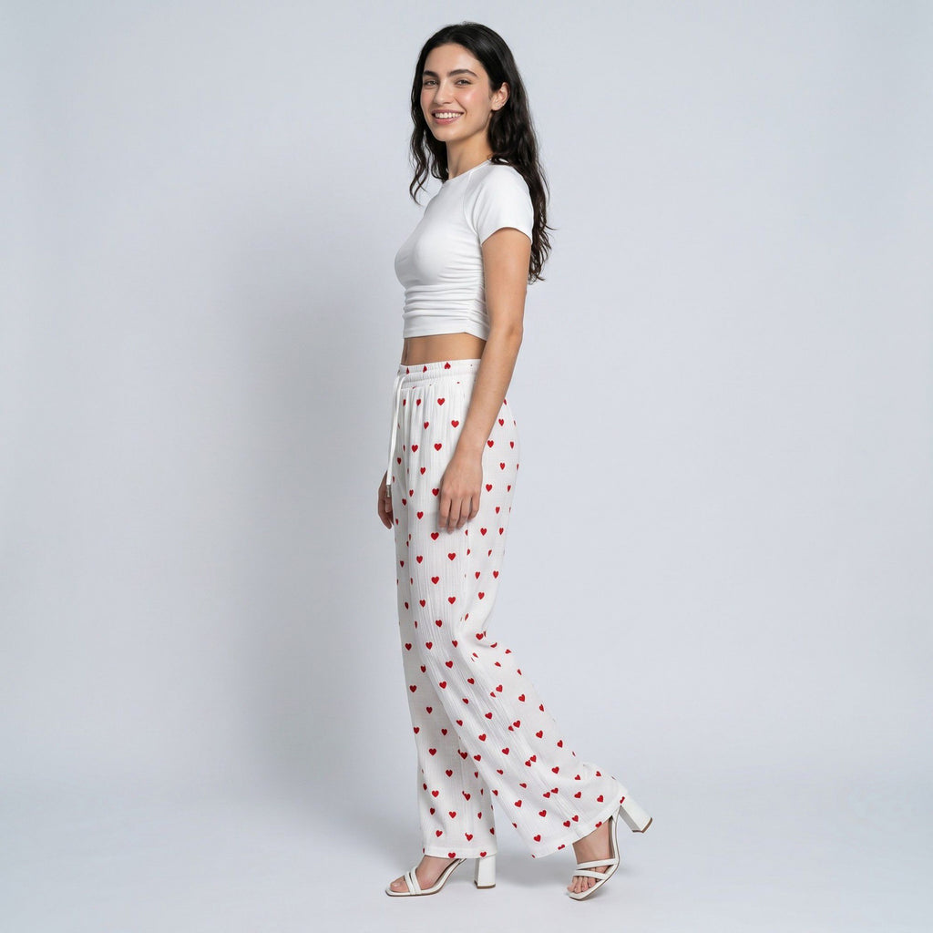 Heart Print Wide Leg Lounge Pants Elastic Drawstring Waist Casual Trousers with Pockets