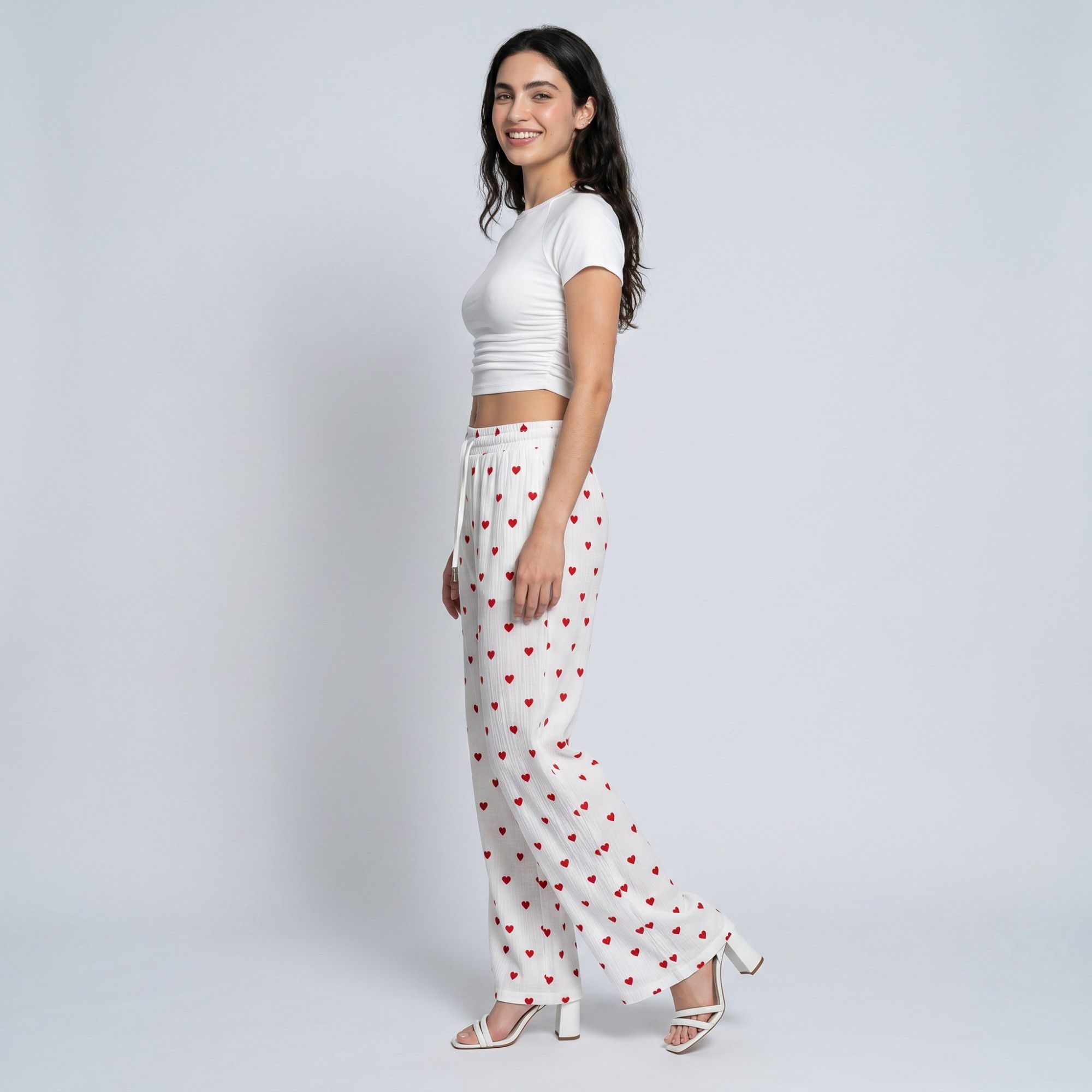 Heart Print Wide Leg Lounge Pants Elastic Drawstring Waist Casual Trousers with Pockets