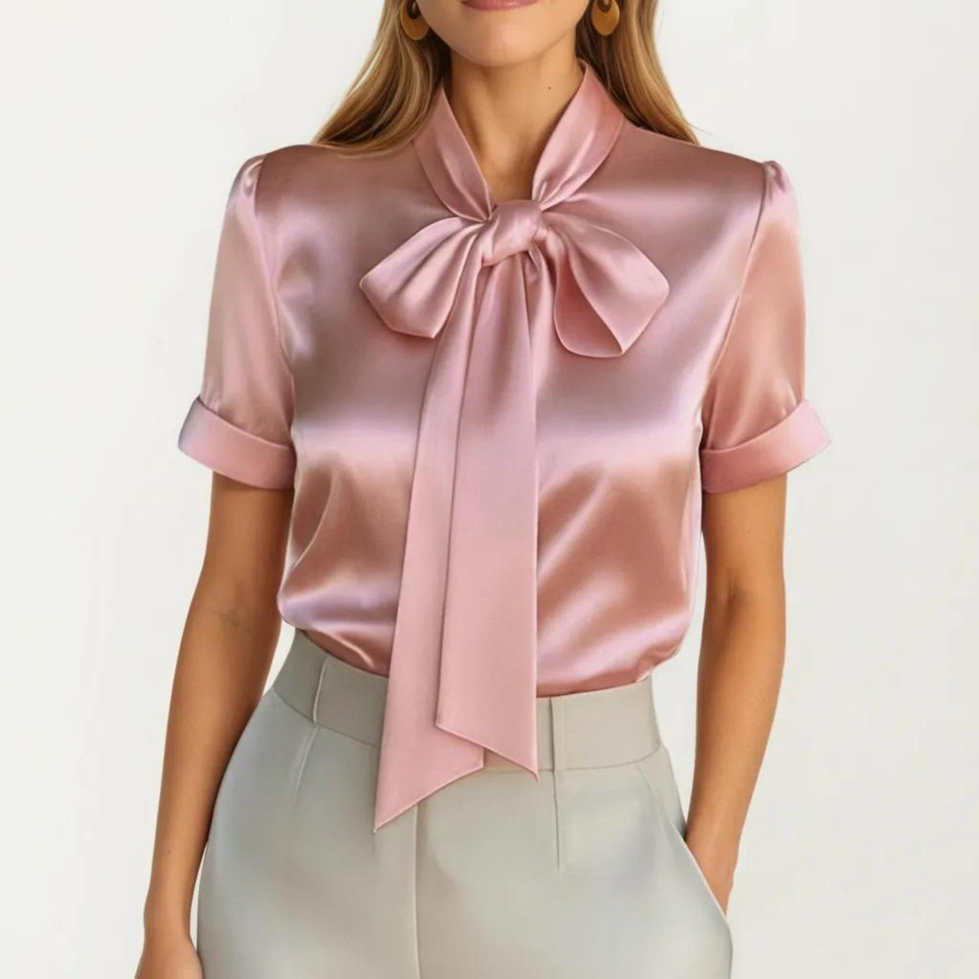 Anna-Kaci Women's Satin Bow Neck Blouse with Short Sleeves and Smooth Draped Finish