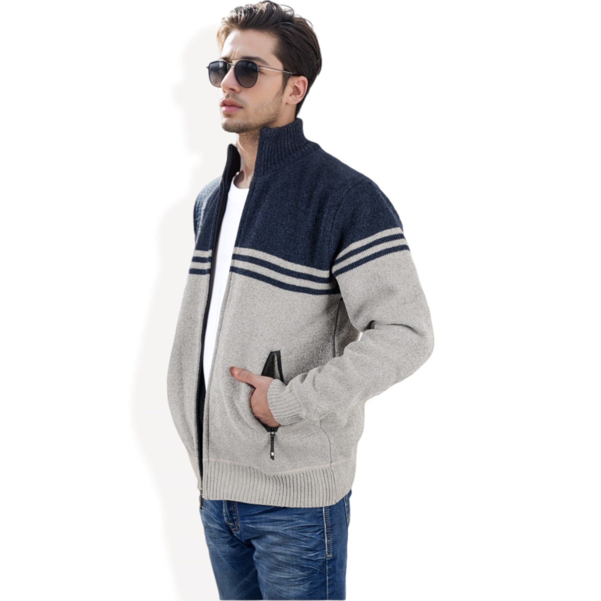 Anna-Kaci Men's Zip-Up Striped Fleece Jacket with High Collar and Front Pockets