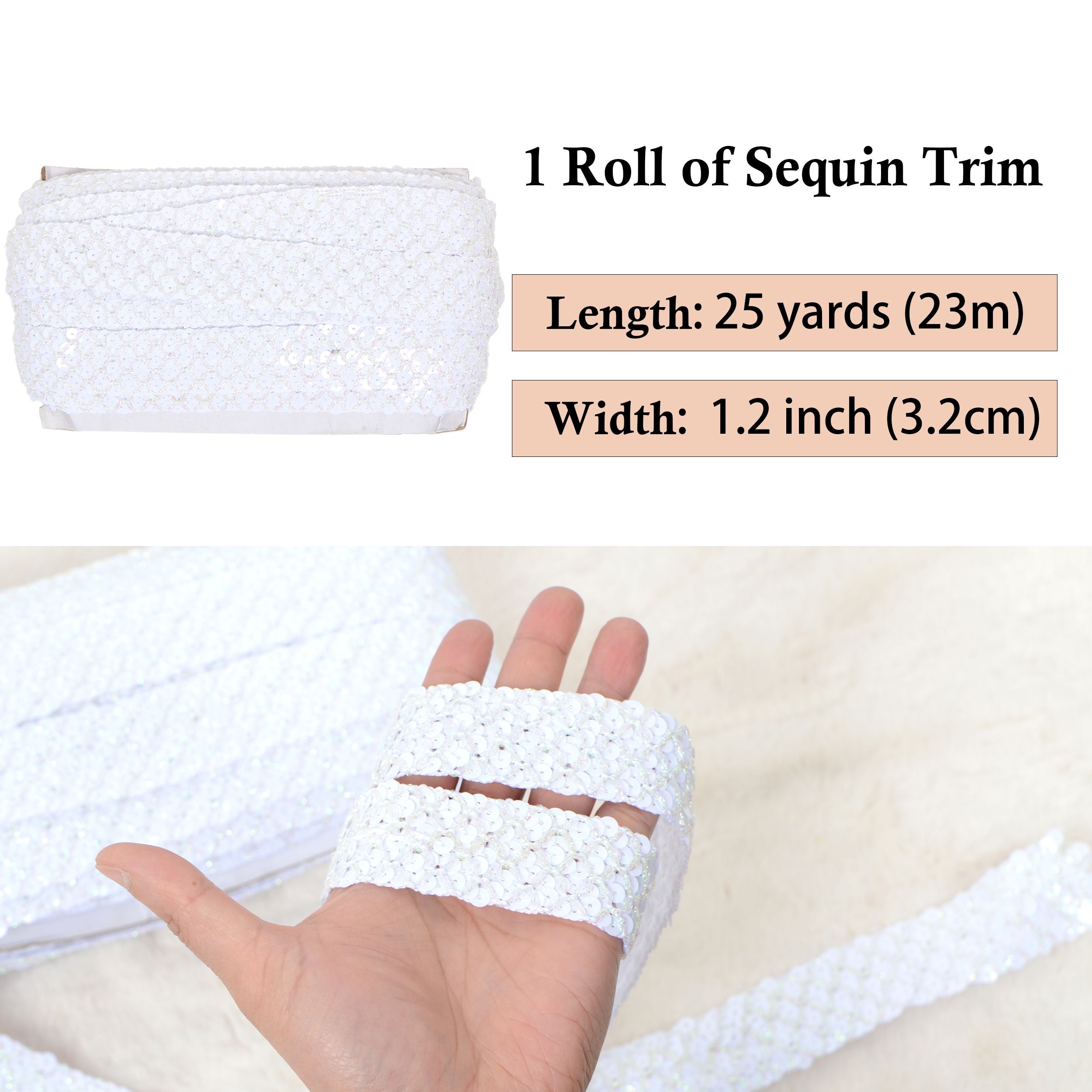 Sewing Sequin Trim 1.2 Inch 6 Row, 25 Yards Glitter Sequin Strip Ribbon Metallic Stretch Bling Fabric DIY Craft Decoration