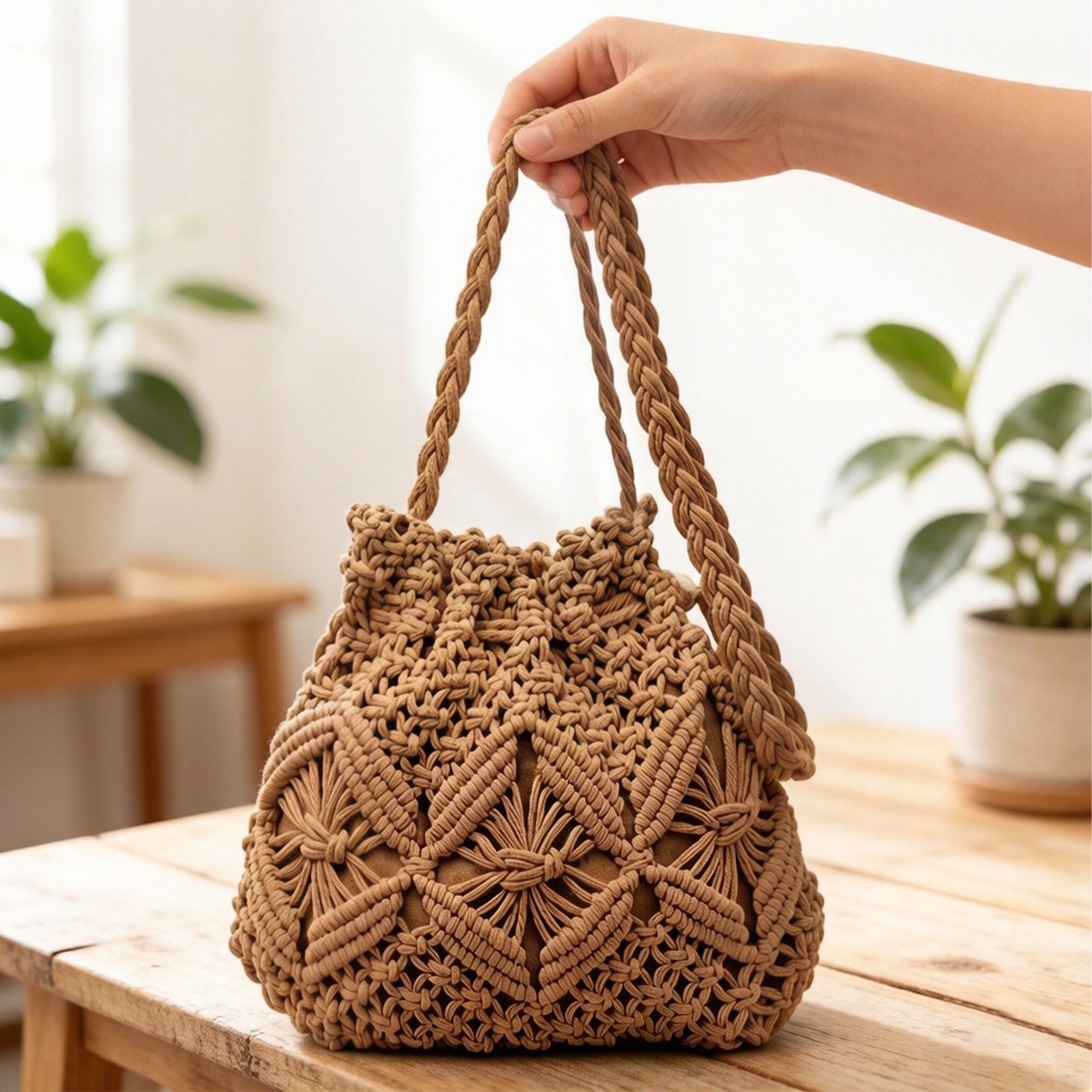 Macrame Bucket Bag Knotted Rope Handbag Drawstring Shoulder Bag Textured Woven Crossbody Style Lightweight Boho Purse