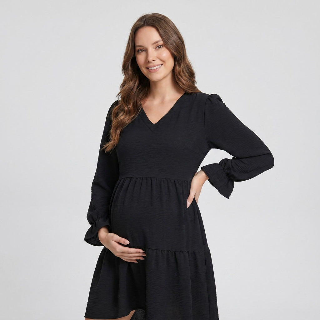 Anna-Kaci Women's Maternity V Neck High Low Mini Dress with Long Sleeves and Tiered Hem