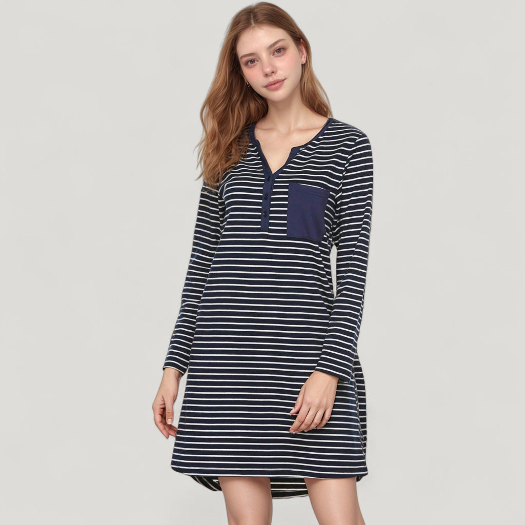 Anna-Kaci Lounge Women's Long Sleeve Striped Nightshirt Henley Neckline Sleep Dress with Chest Pocket Detail