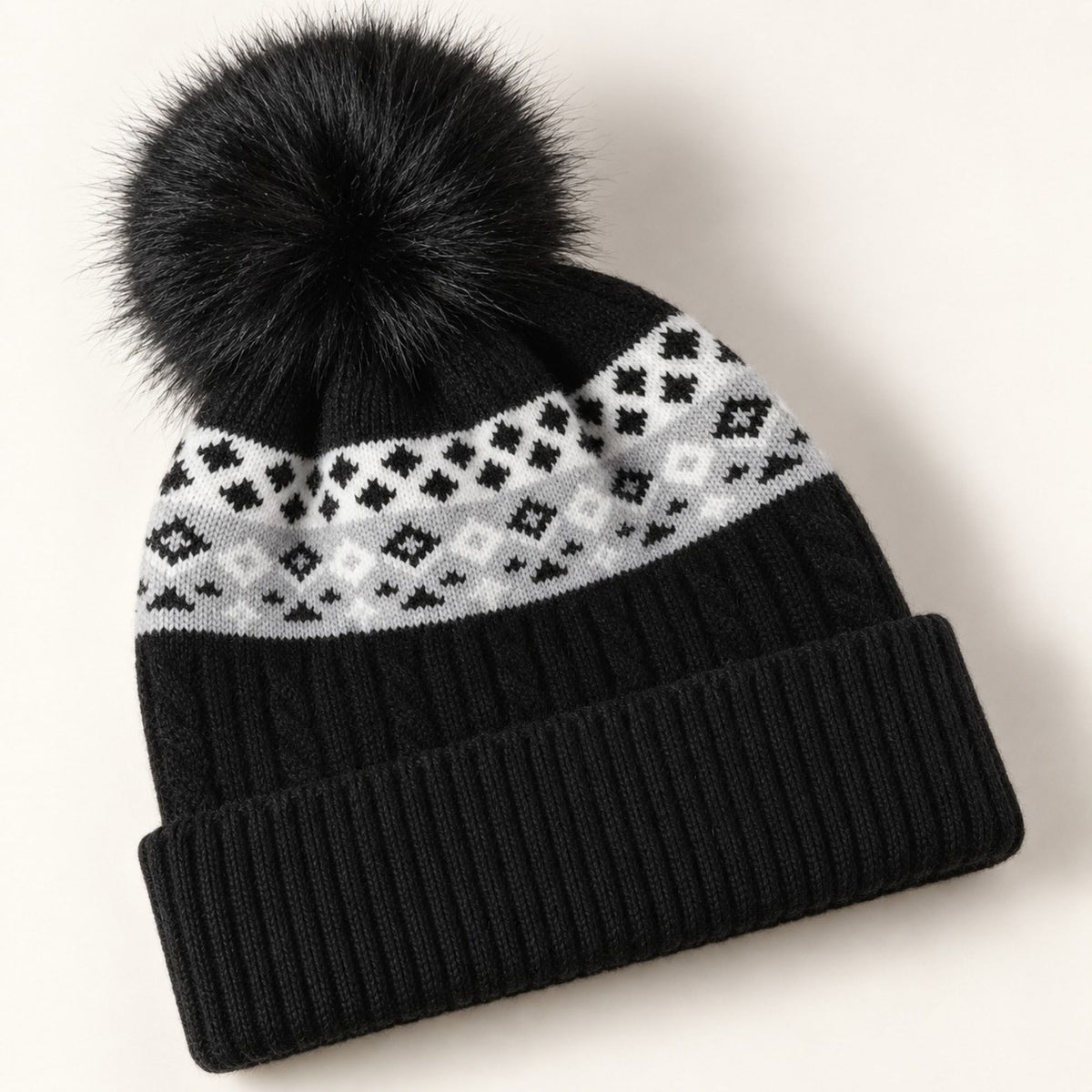 Fair Isle Pom Pom Knit Beanie Winter Cuffed Hat