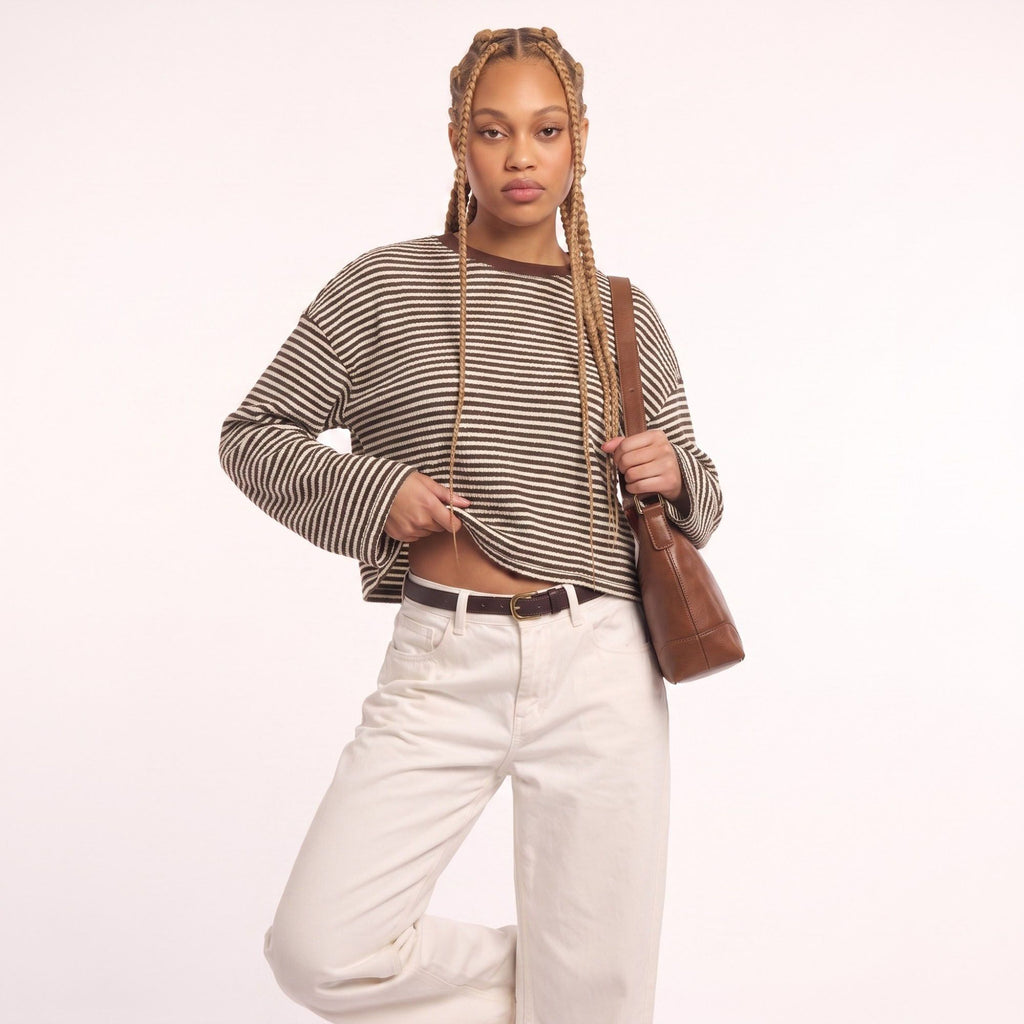 Striped Textured Knit Drop Shoulder Cropped Sweater