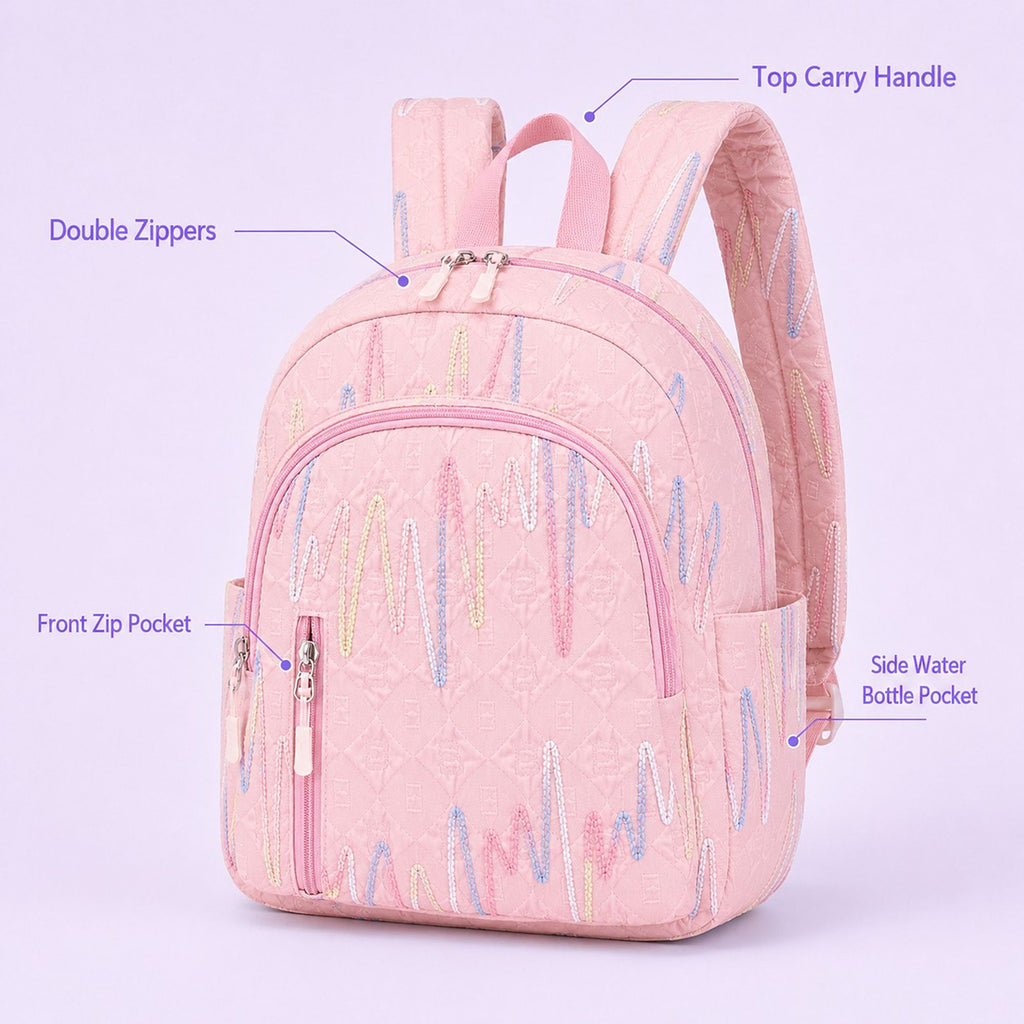 Quilted Backpack with Embroidered Pattern and Multiple Pockets