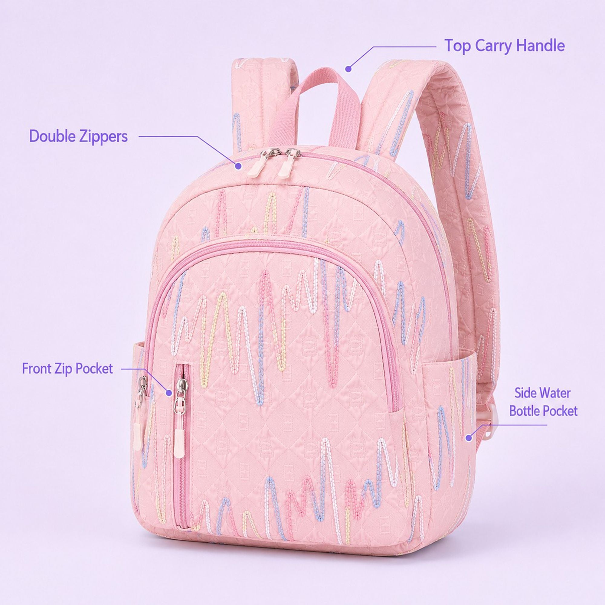 Quilted Backpack with Embroidered Pattern and Multiple Pockets