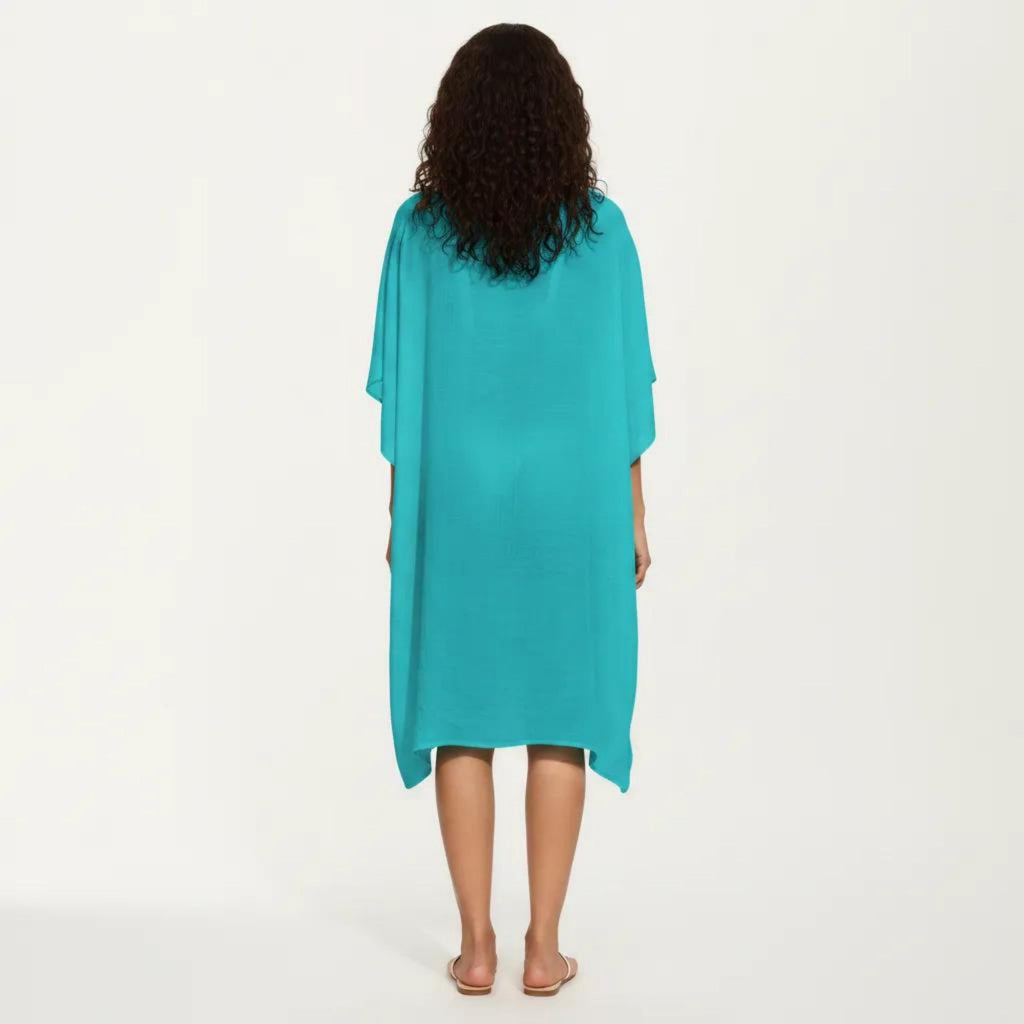 Anna-Kaci Women's Crochet Trim Swim Cover Up Dress Loose Short Sleeve Lightweight Beach Kaftan