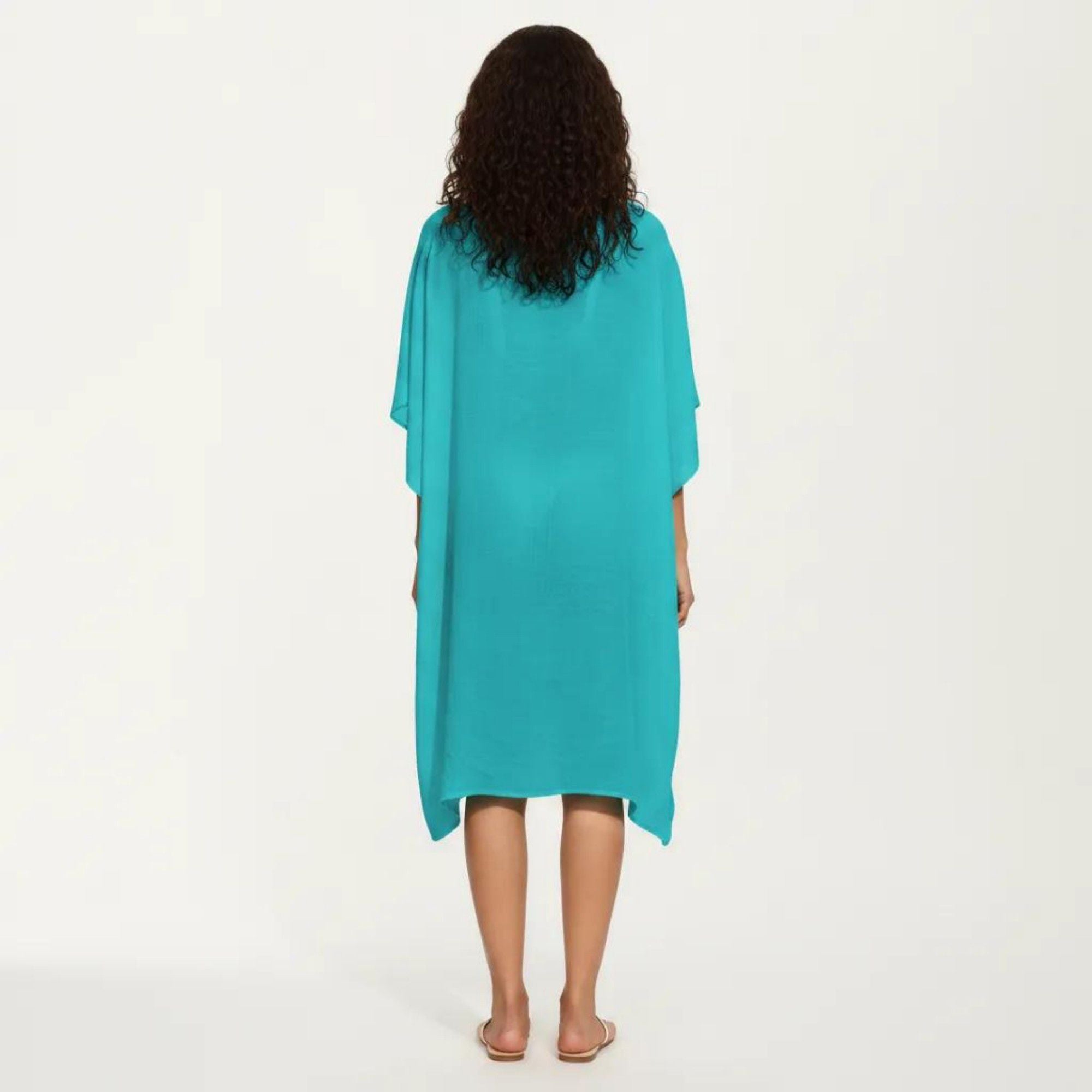 Anna-Kaci Women's Crochet Trim Swim Cover Up Dress Loose Short Sleeve Lightweight Beach Kaftan