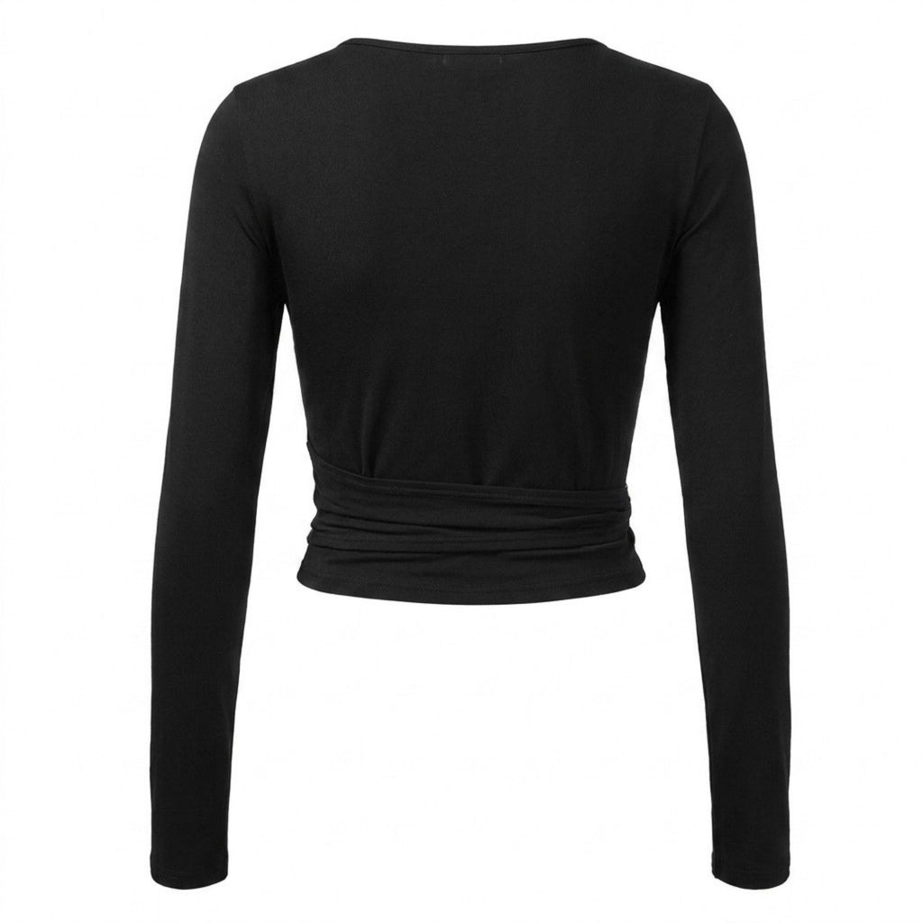 Anna-Kaci Active Womens Long Sleeve Wrap Crop Top with V Neckline Side Tie Waist Smooth Stretch Knit and Fitted Silhouette