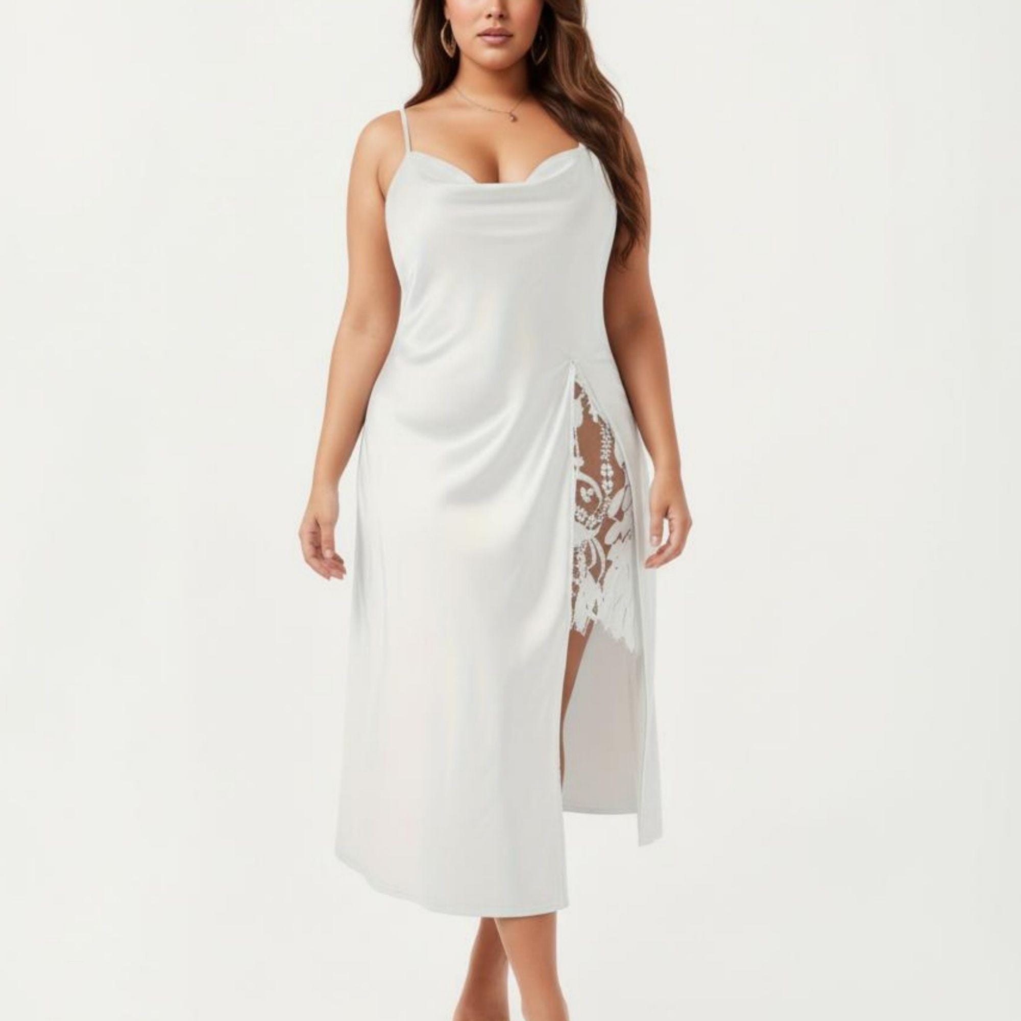 Anna-Kaci Lounge Women's Plus Size Satin Wrap Nightgown with Lace Trim Adjustable Spaghetti Straps Side Tie Midi Length Sleepwear Dress
