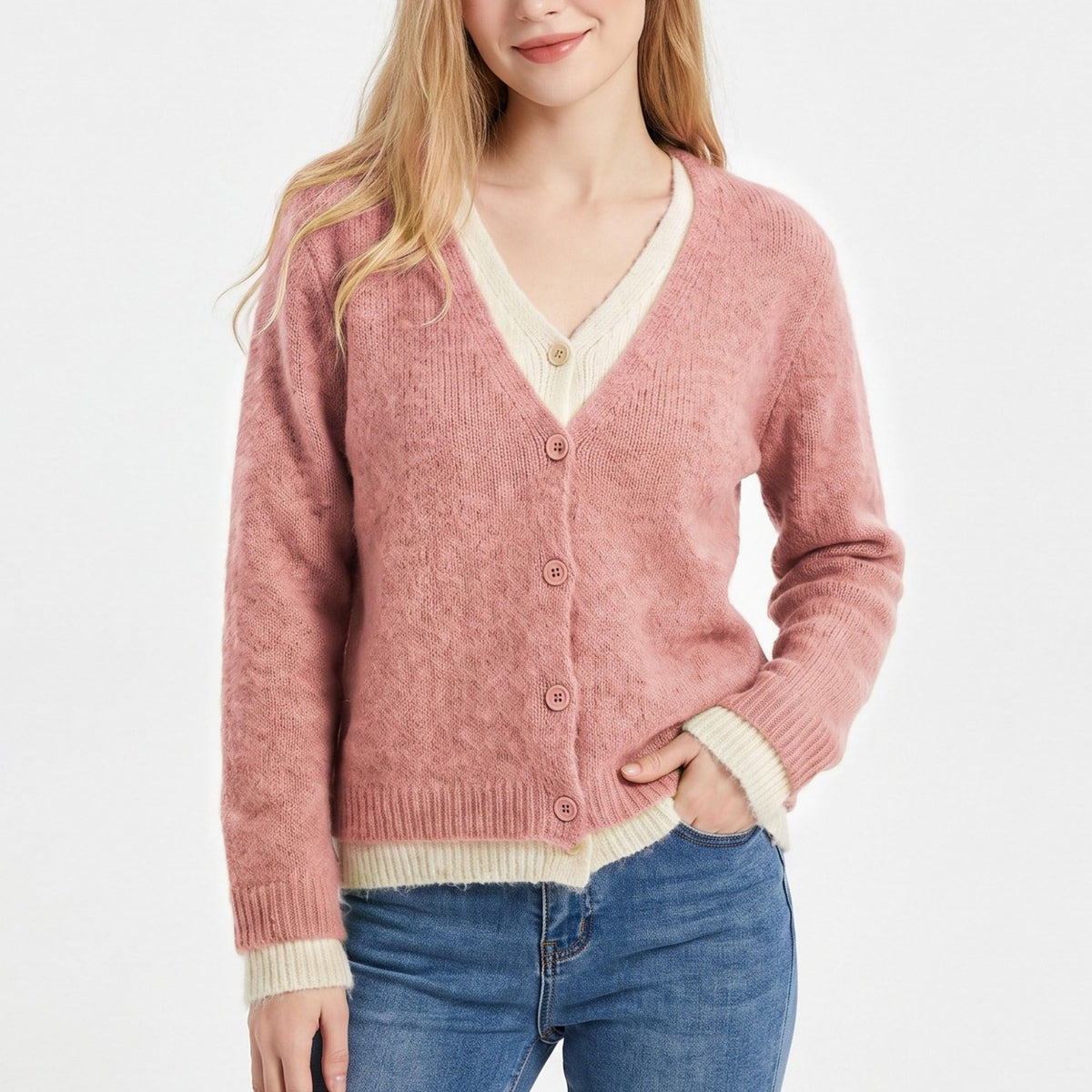 Contrast Trim Layered V Neck Button Front Cardigan