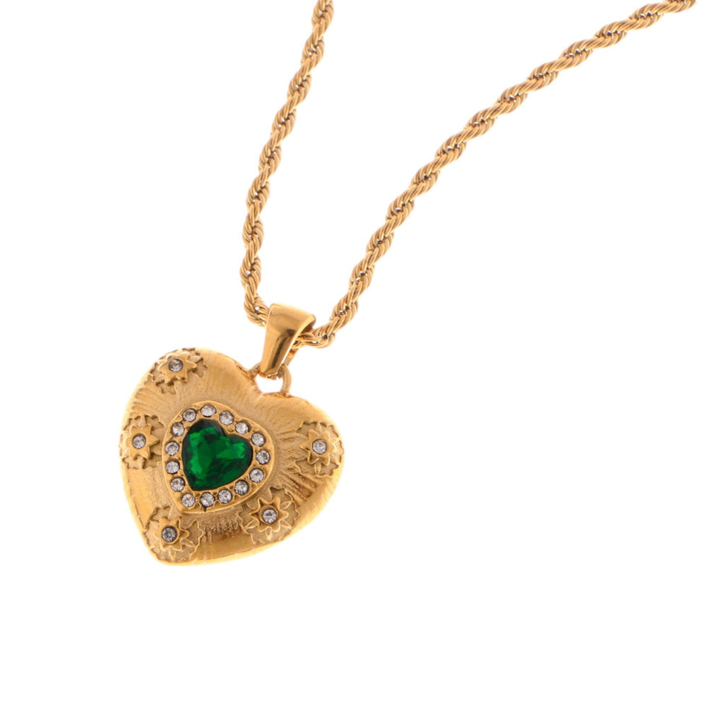 Gold Tone Heart Pendant Fashion Necklace with Green Gemstone and Crystal Accents