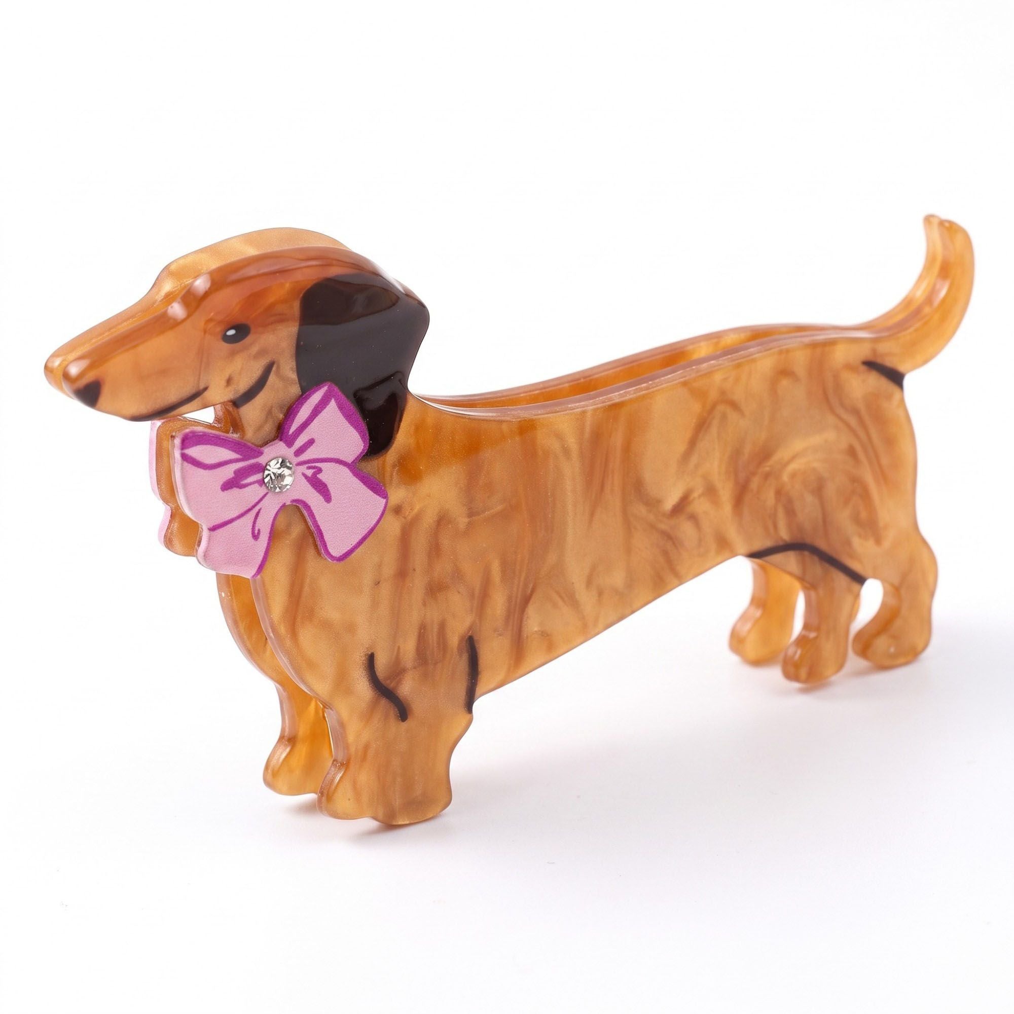 Set de 3 pinzas para el pelo con diseño de perro salchicha, de rayas y con diamantes de imitación, accesorios para el pelo de cachorros