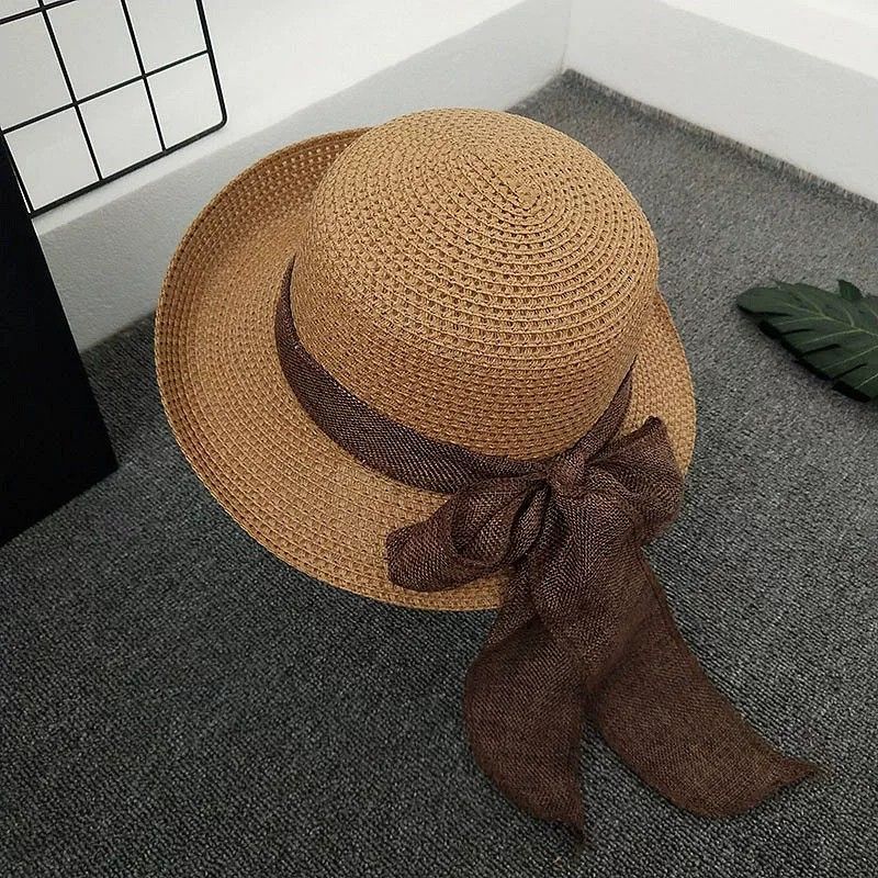 Anna-Kaci Women Straw Sun Hat Wide Brim Woven Beach Hat Bow Tie Detail Breathable Summer Hat