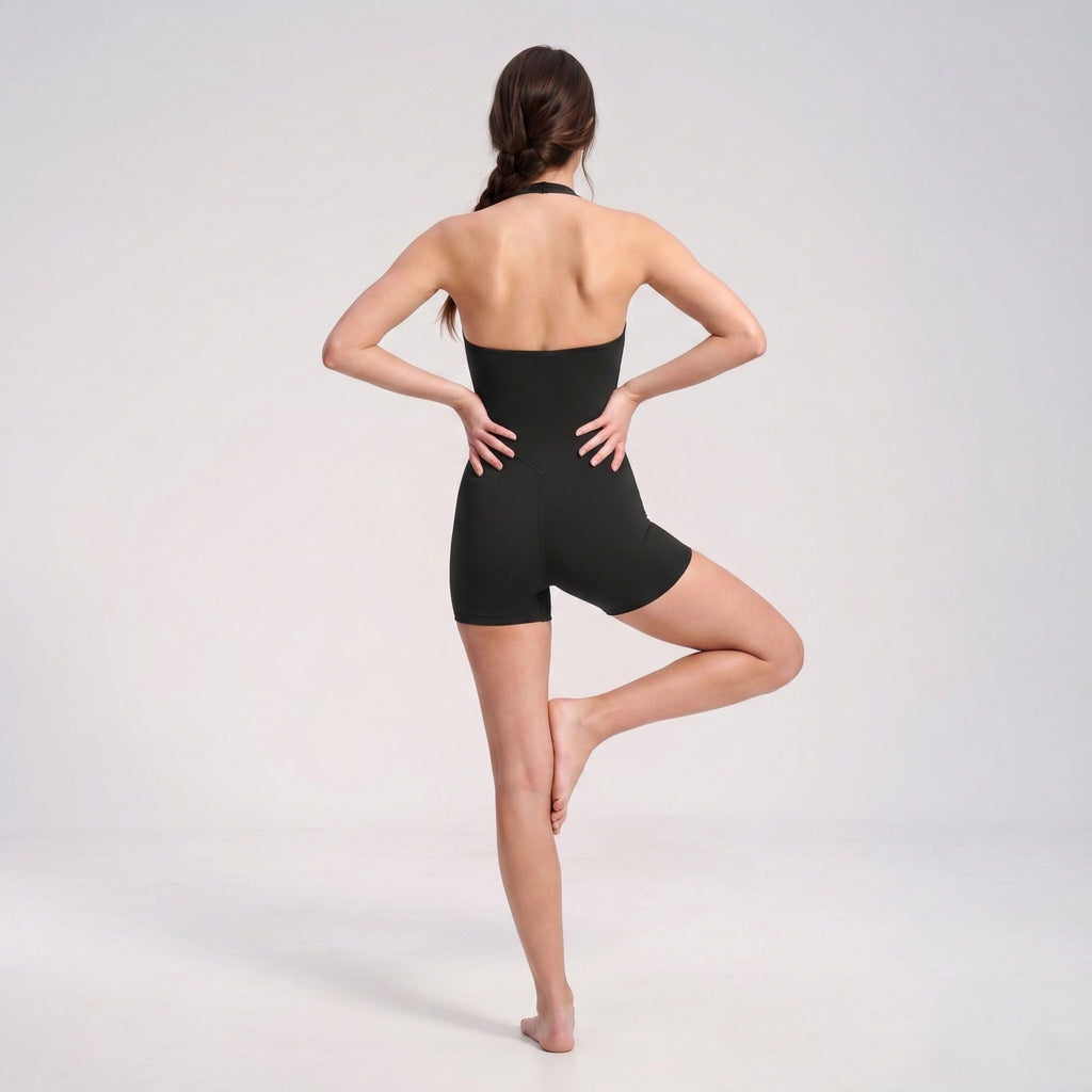 Halter Neck Active Romper Sleeveless Open Back Workout Yoga One Piece Shorts Jumpsuit