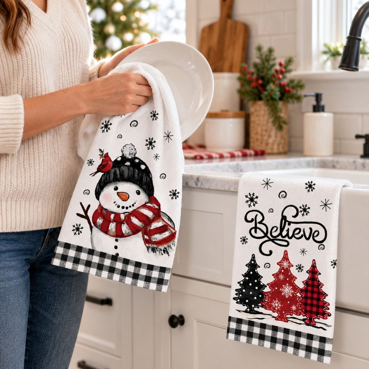 2-Pack Christmas Kitchen Towels 15.7x23.6in, Snowman & Tree Microfiber Holiday Towels