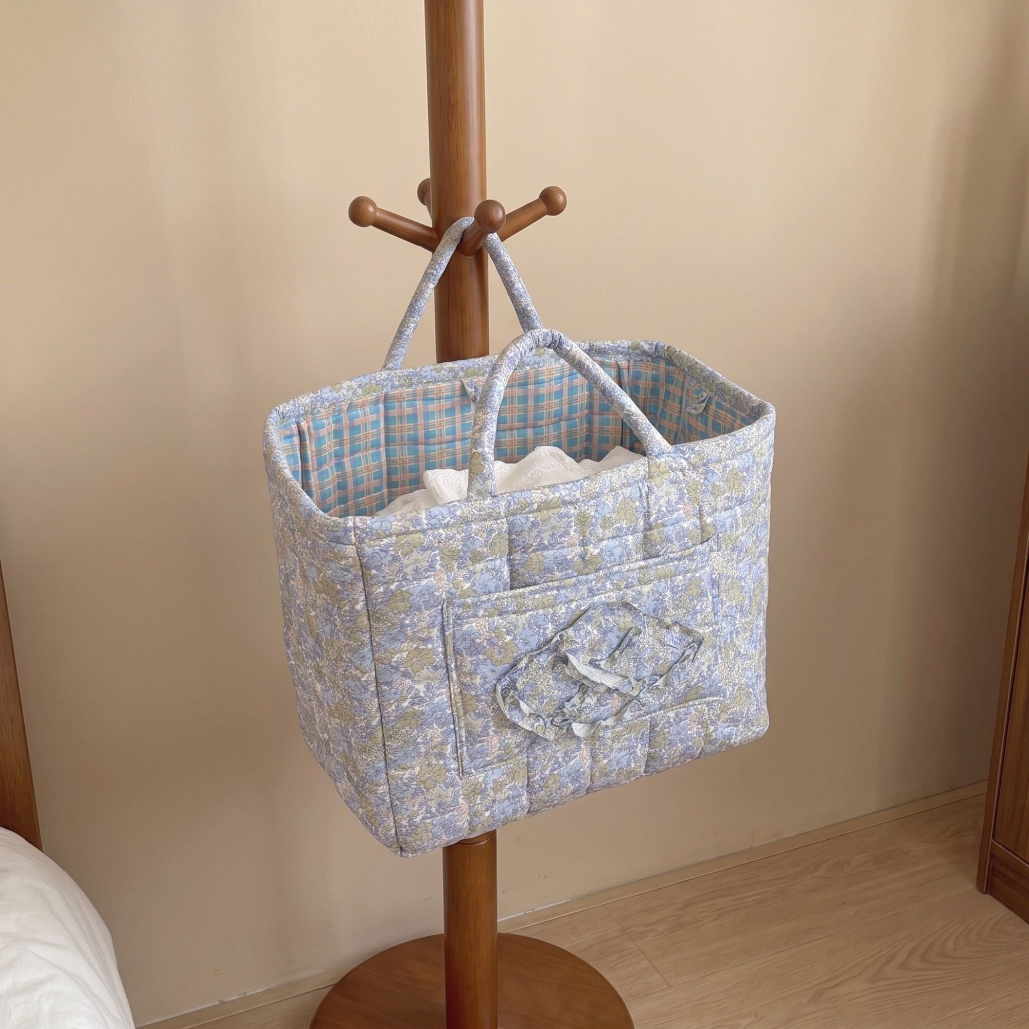 Floral Quilted Storage Tote with Handles and Front Pocket